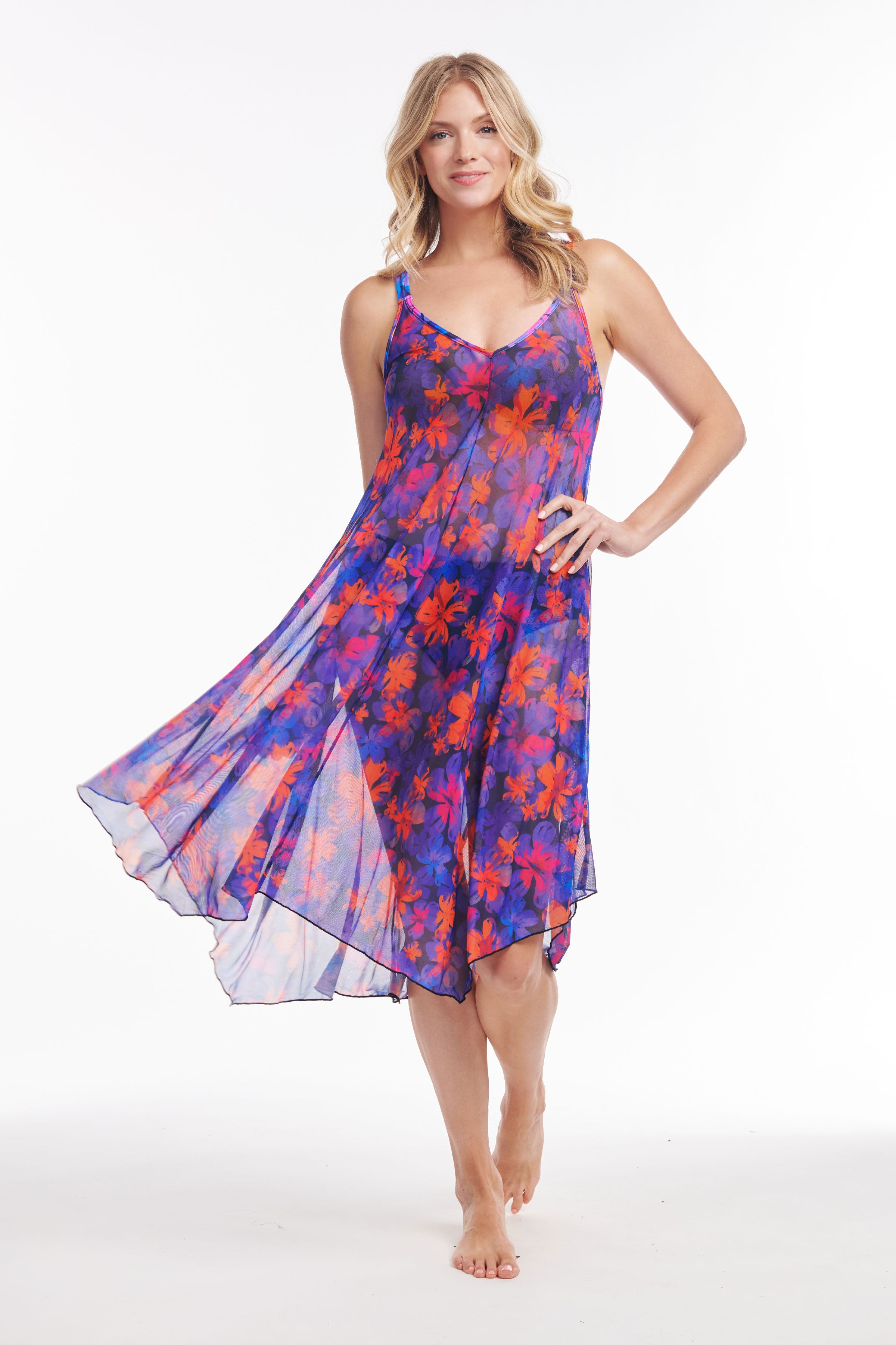 Iridescent Blooms Mid-Length Flowy Mesh Coverup Tank Dress - Perfect for Beach, Pool, and Summer Outings