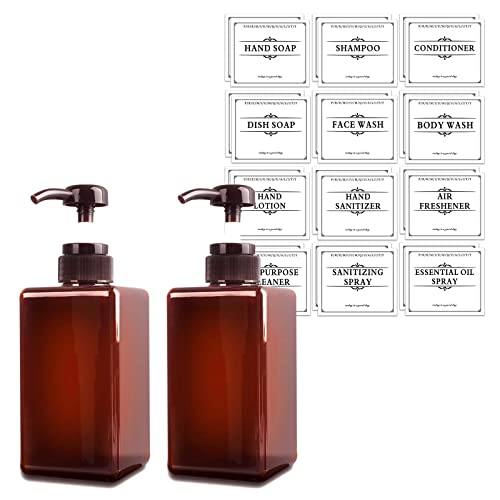 15 oz Plastic Hand Soap Dispenser Pump Bottles with 24 Waterproof Labels - Bulk Refillable Liquid Soap Containers for Kitchen, Bathroom & Office Use