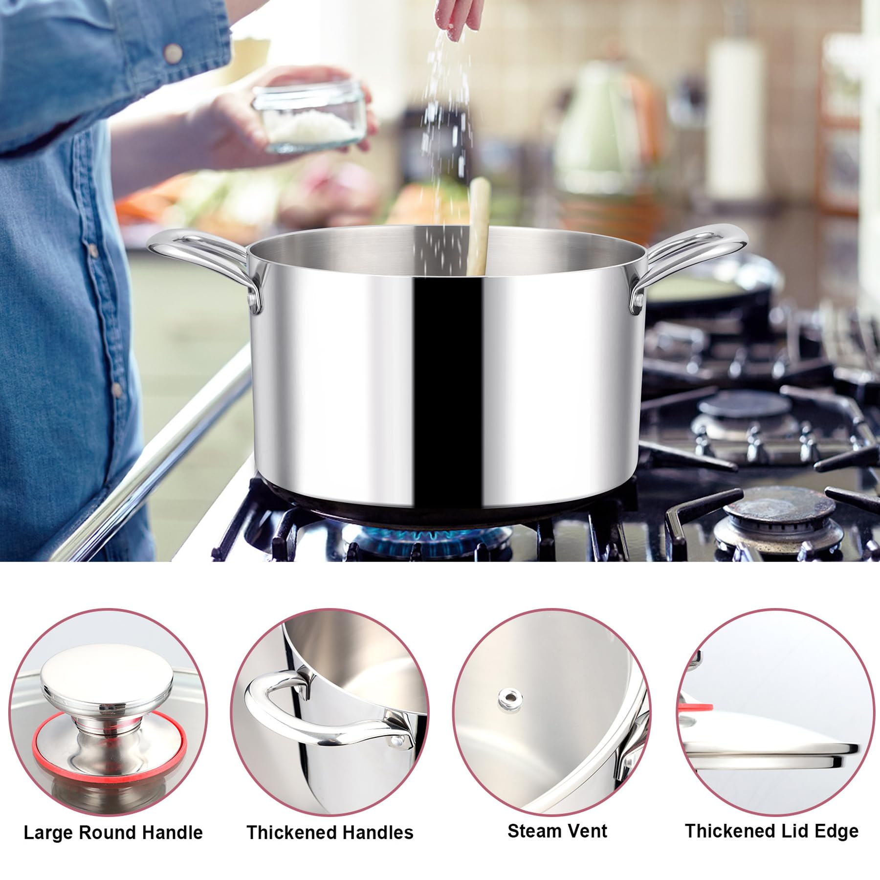 LIANYU 8QT 18/10 Stainless Steel Stock Pot with Lid - Heavy Duty Triple Ply Induction Compatible Soup Pot for Cooking, Boiling, Stewing & Canning - Perfect for Pasta, Soups & Large Family Meals