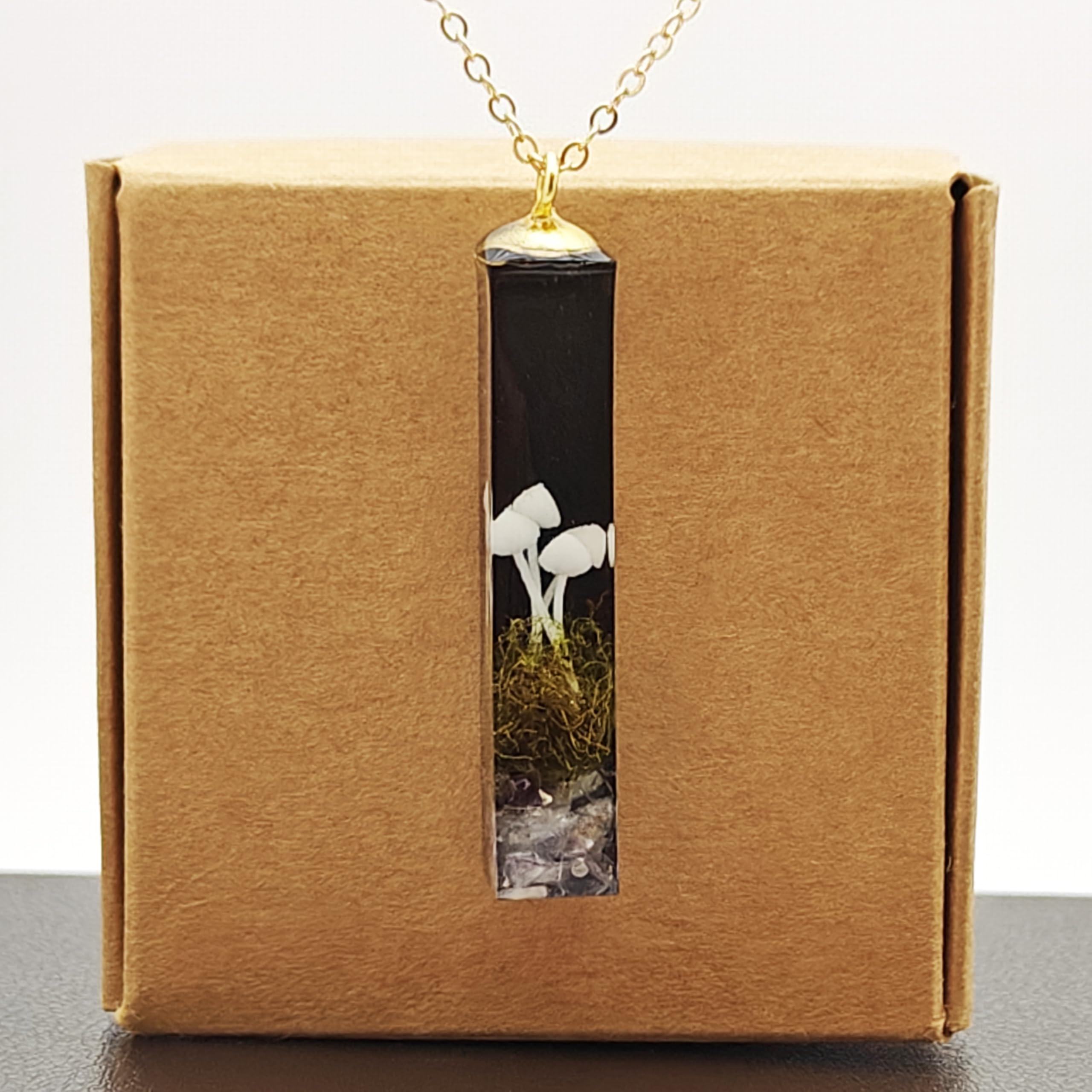 Handmade 3D Mushroom Landscape Black Cube Resin Pendant Necklace for Women - 18k Gold Plated Chain, Boho Nature Jewelry Gift for Her | Perfect for Casual Wear, Outdoor Adventures & Nature Lovers