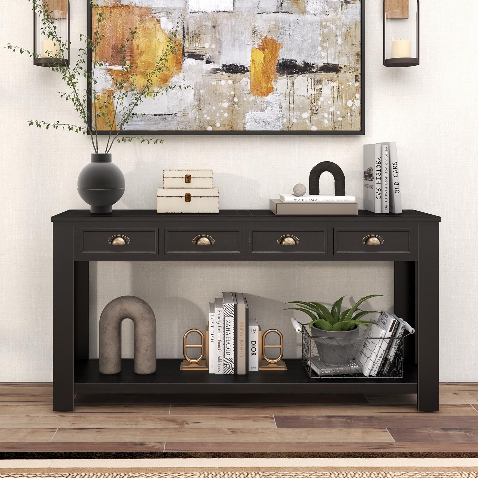 Vintage Rustic Console Table with 4 Storage Drawers & Extra Shelf - 60 Inch Entryway Sofa Table for Hallway, Living Room - Black Wooden Furniture for Home Decor & Organization