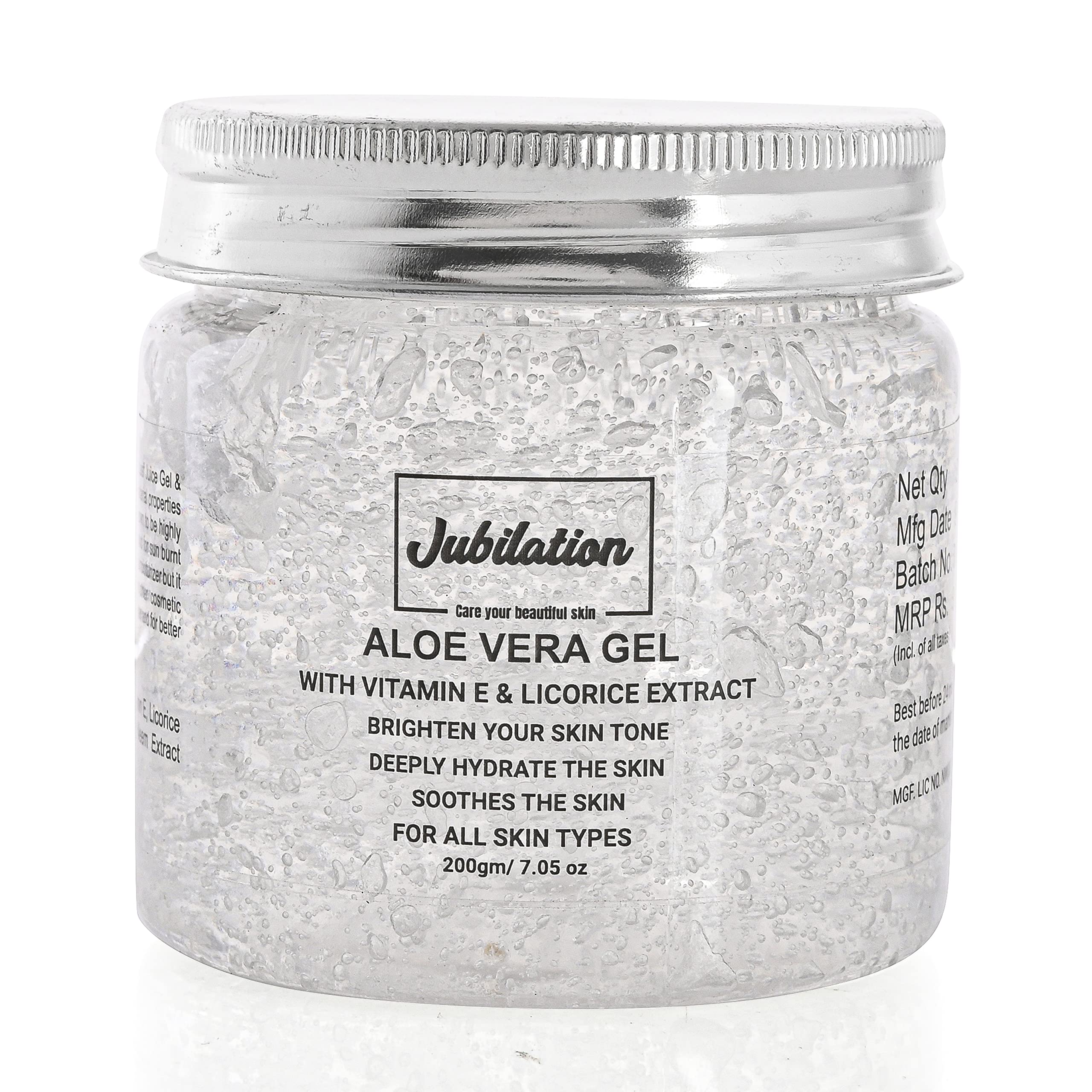 Jubilation Aloe Vera Gel - 200gm | Pure Aloe Vera, Vitamin E & Licorice Extract for Face & All Skin Types | Hydrating, Soothing & Healing for Sunburn, Acne & Dry Skin