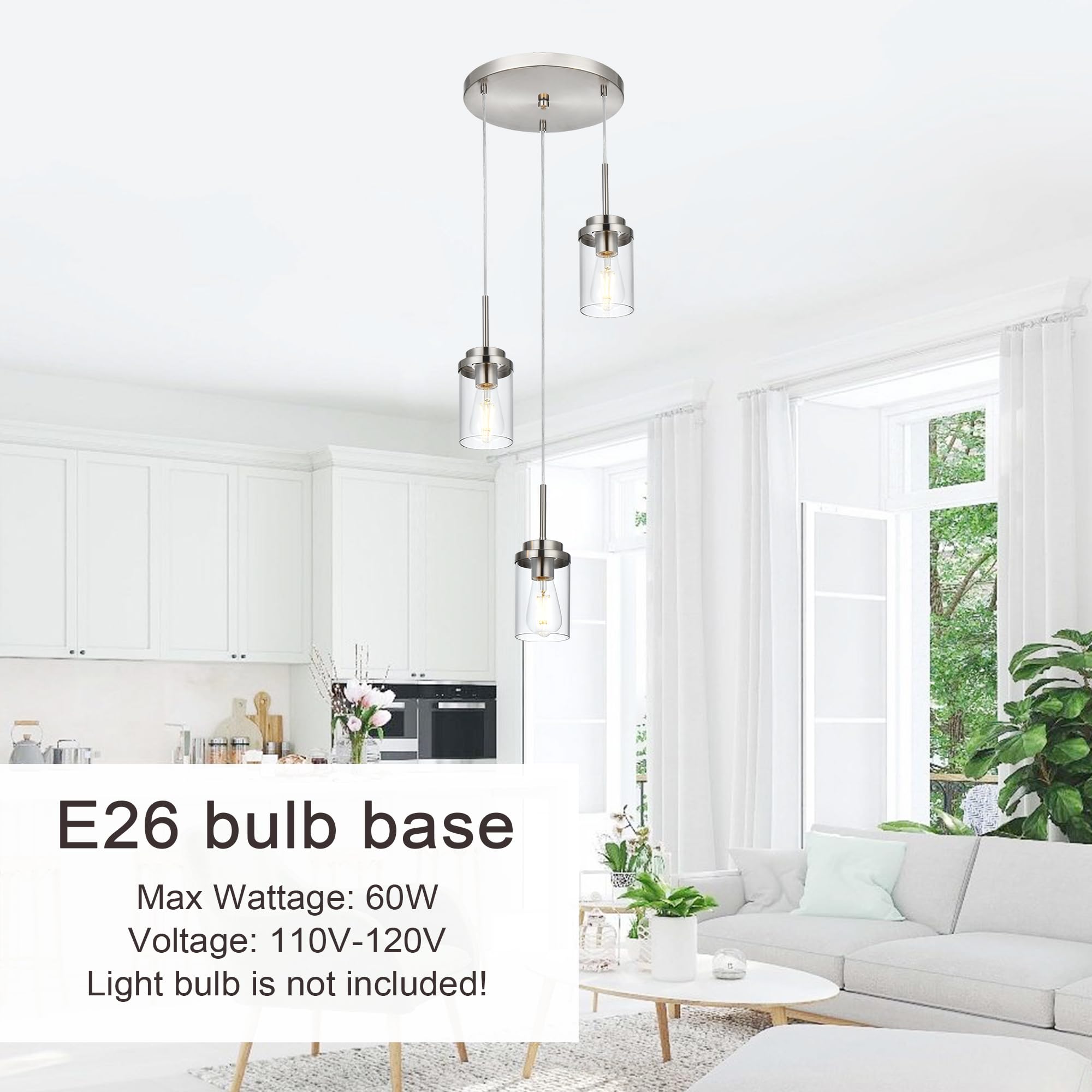 MELUCEE 3-Light Modern Chandelier for Dining Room & Kitchen Island - Brushed Nickel Finish, Adjustable Hanging Pendant Light with Clear Glass Shade - Perfect for Farmhouse, Contemporary & Transitional Home Decor