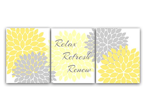 Modern Yellow & Gray Bathroom Wall Art Set of 3 - Minimalist Bathroom Decor Prints for Relaxation & Renewal - Perfect for Spa-Like Bathrooms, Powder Rooms & Home Decor Refresh
