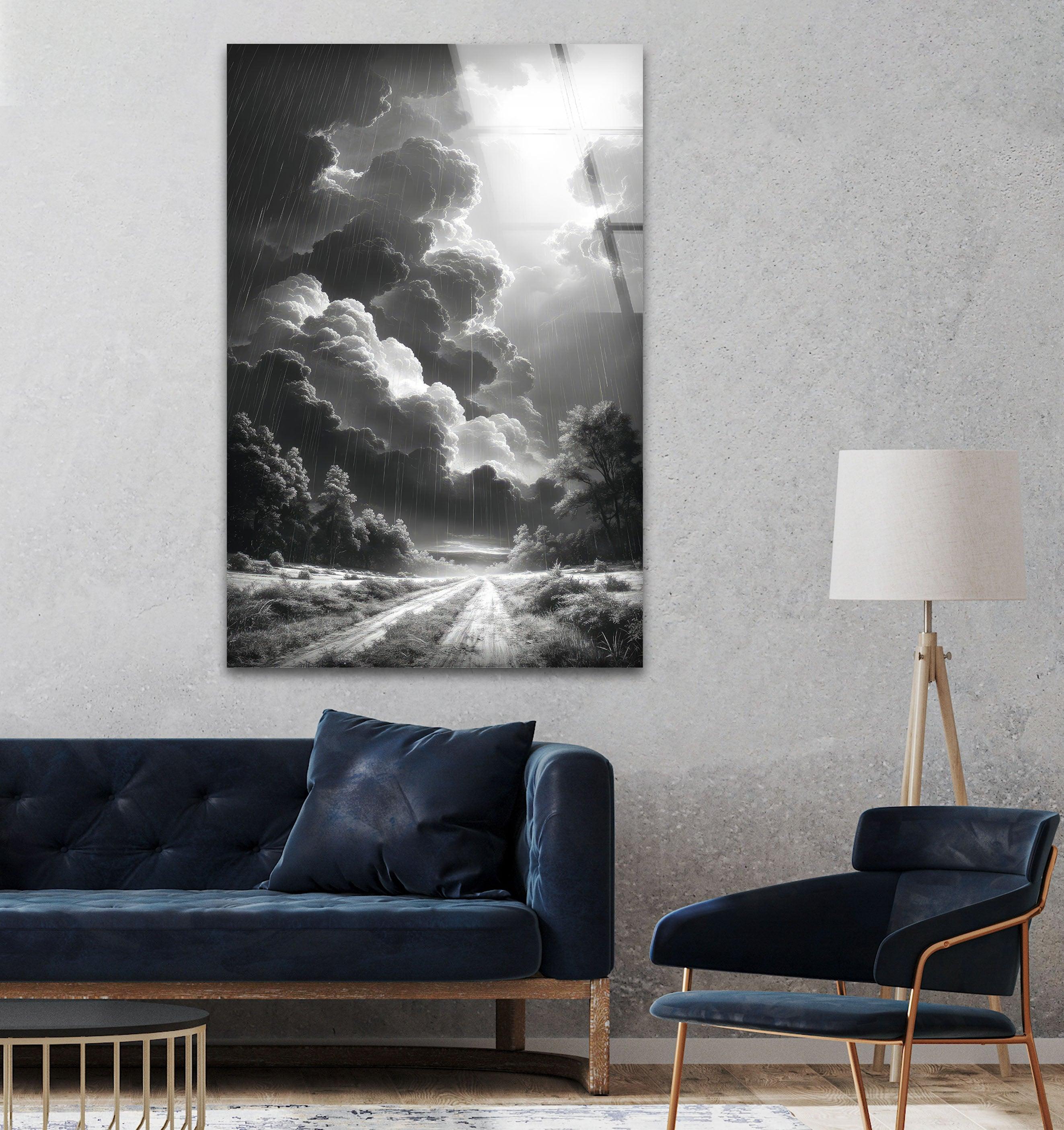 Black and White Storm Glass Wall Art - Dramatic Rainy Landscape Painting for Home & Office Decor - Perfect for Living Room, Bedroom, or Office Wall Decor