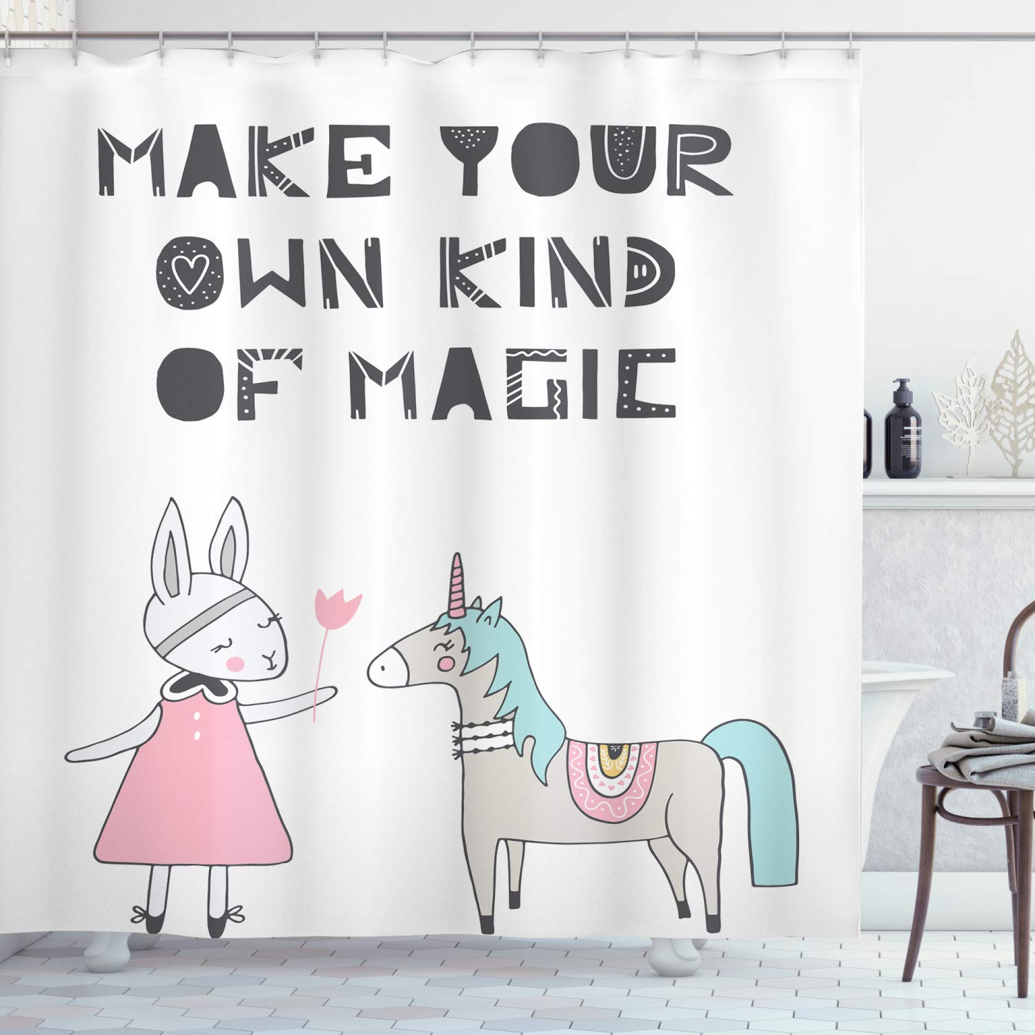 Ambesonne Cartoon Bunny Unicorn Shower Curtain - Scandinavian Style with Magic Words, 69x84 Inch Bathroom Decor Set with Hooks, Waterproof Fabric (White Grey Pink) - Perfect for Kids' Bathroom, Nursery, or Whimsical Home Decor
