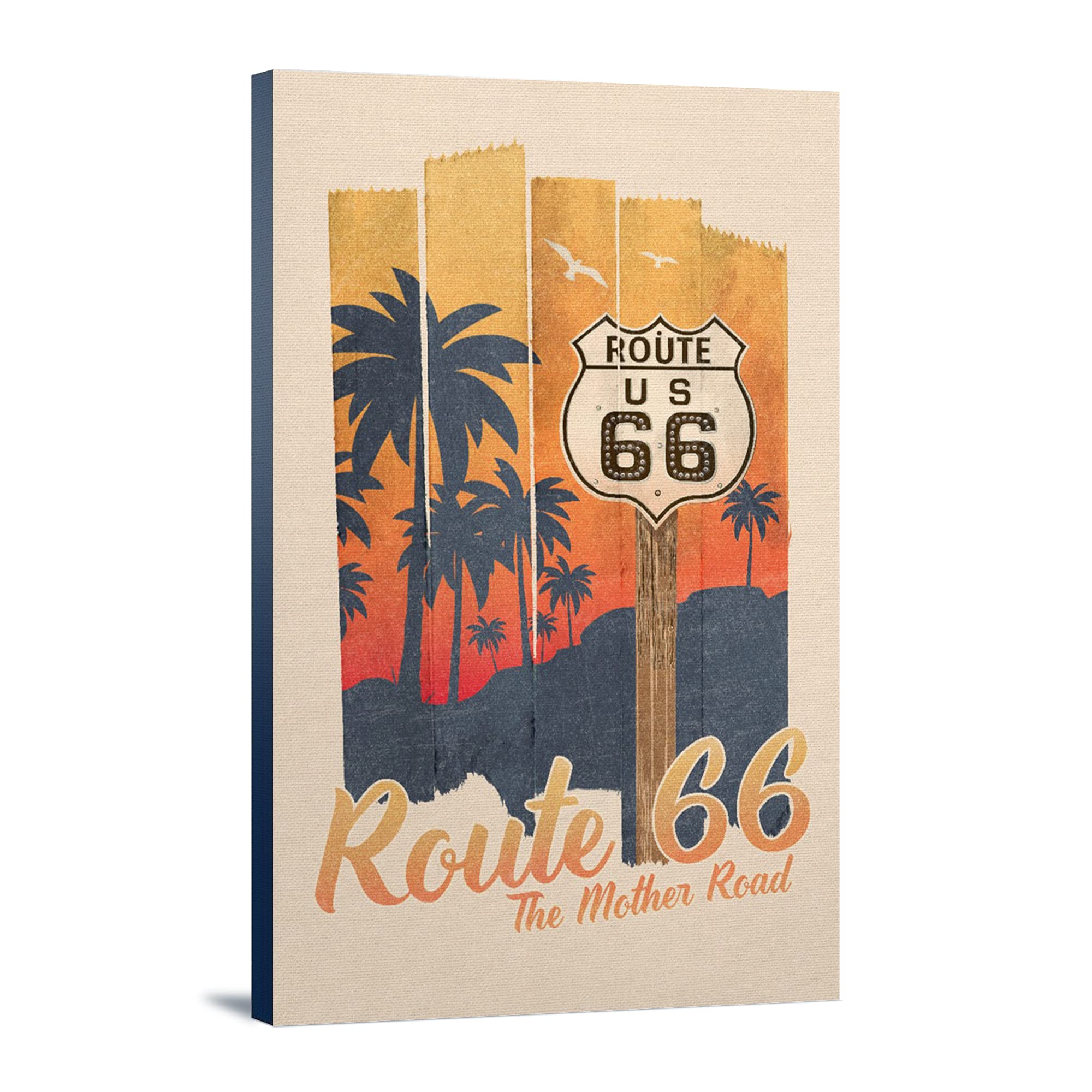 Route 66 Wall Art - 24x36 Stretched Canvas Print of Palm Tree Sunset Landscape - American Road Trip Decor for Living Room, Bedroom & Office