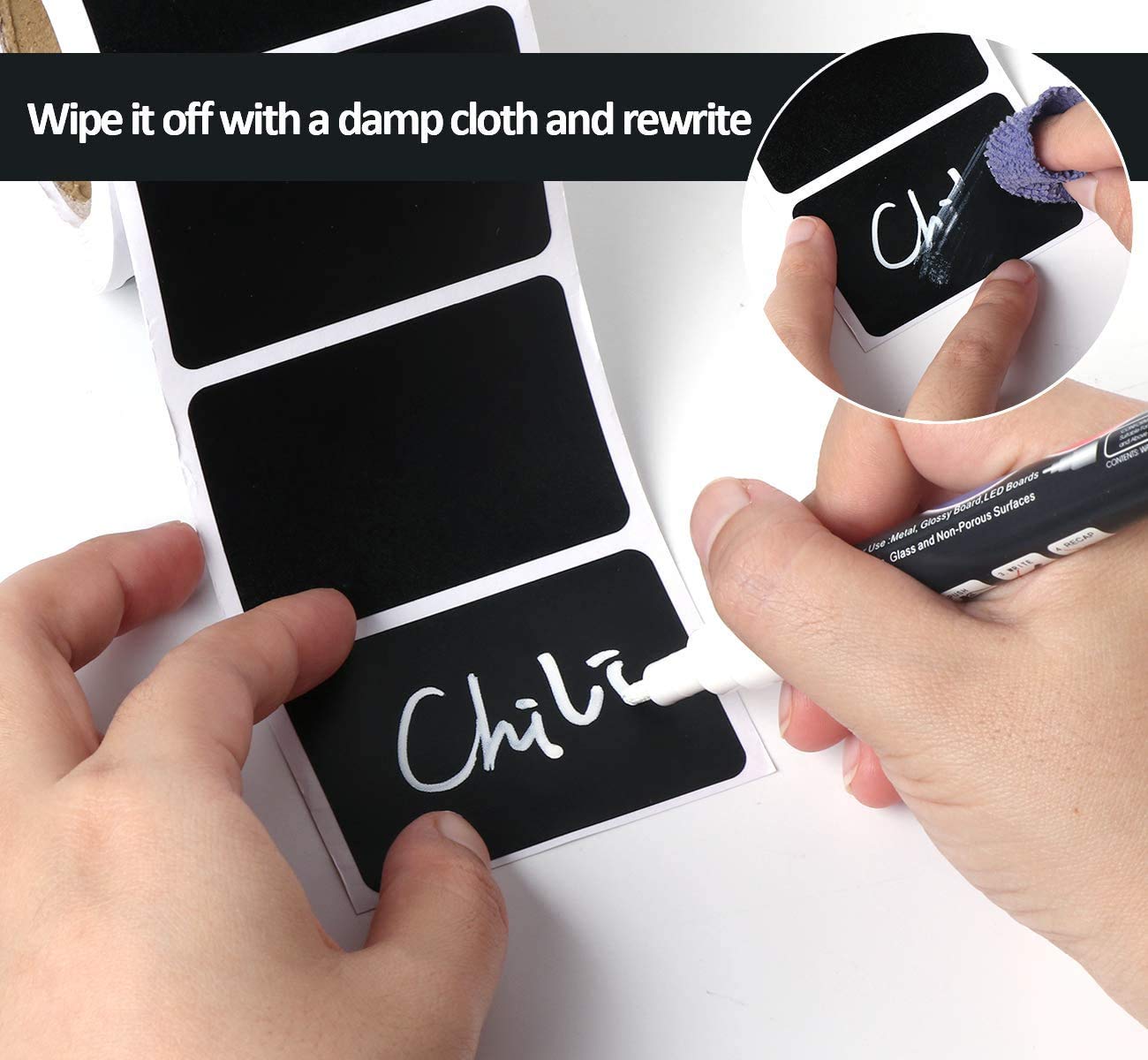 180Pcs Reusable Waterproof Chalkboard Labels with Erasable Chalk Marker - Perfect for Mason Jars, Pantry Organization, Party Decorations & Craft Room Storage - Ideal for Home, Office and Classroom Use
