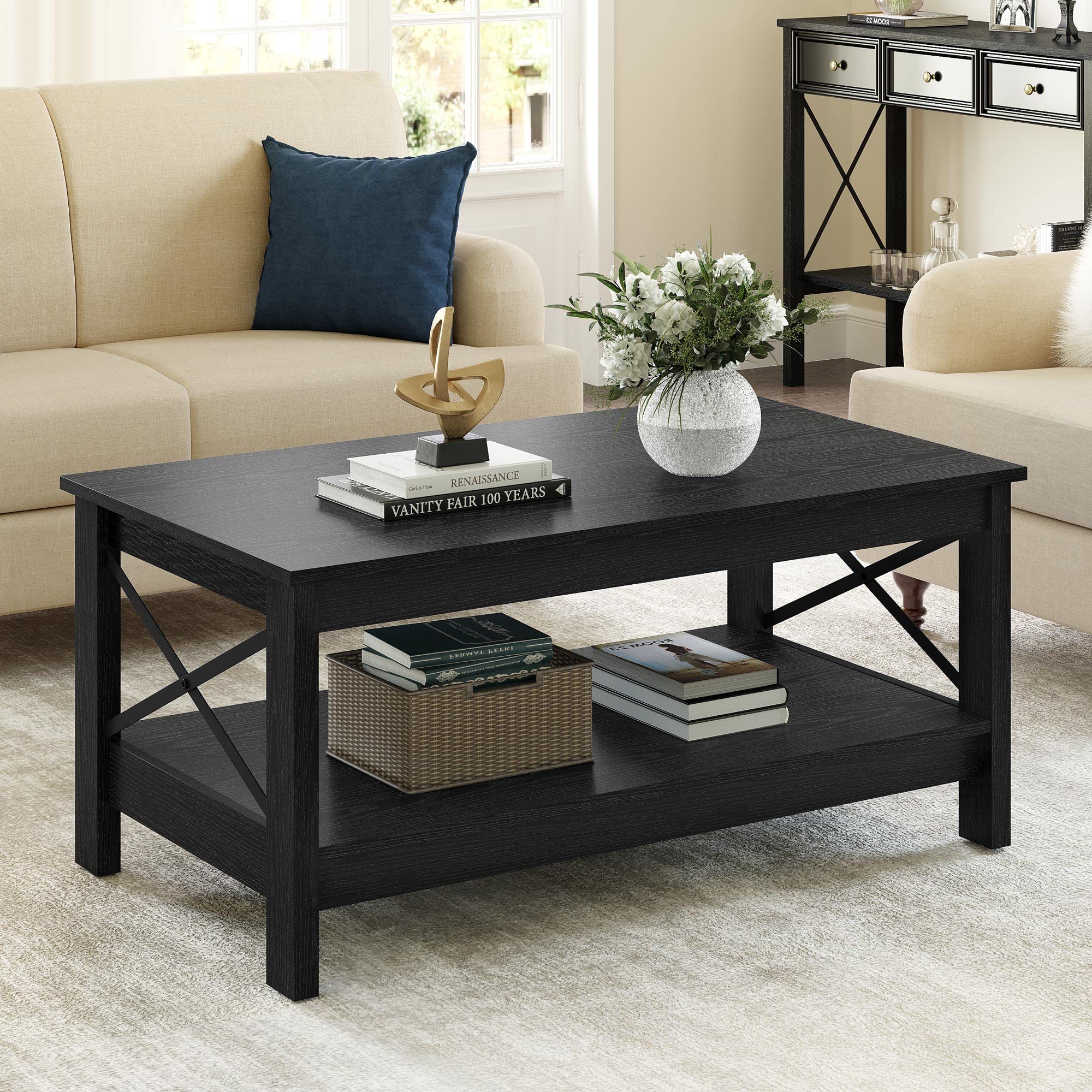 Modern Farmhouse Coffee Table with Storage - 2-Tier Wooden Living Room Table with Sturdy Black Frame | YITAHOME Rustic Center Table for Small Spaces, Perfect for Coffee, Books & Living Room Decor