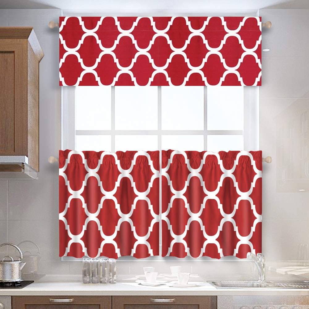 Melodieux Set of 2 Moroccan Style Geometric Lattice Tier Curtains - 29x36 Inch, Red | Rod Pocket Design for Kitchen, Cafe & Bathroom Small Windows | Perfect for Boho Home Decor & Privacy