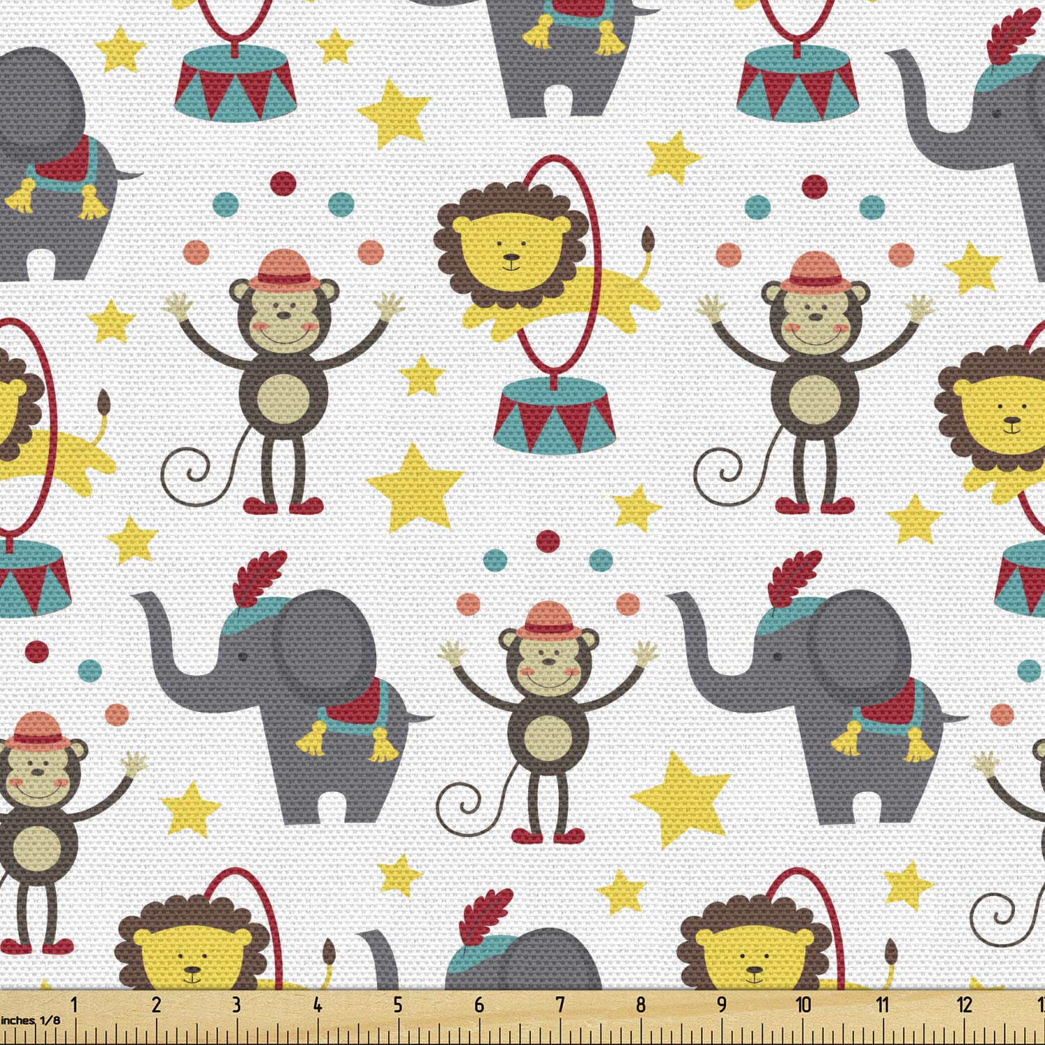 Ambesonne Cartoon Fabric by The Yard - Happy Circus Lion & Monkey Animals Jumping, Posing & Juggling Stars Print - Decorative Upholstery Fabric for Sofa, Curtains & Home Decor (10 Yards, Multicolor) - Perfect for DIY Projects, Kids Room Decor & Party Backdrops