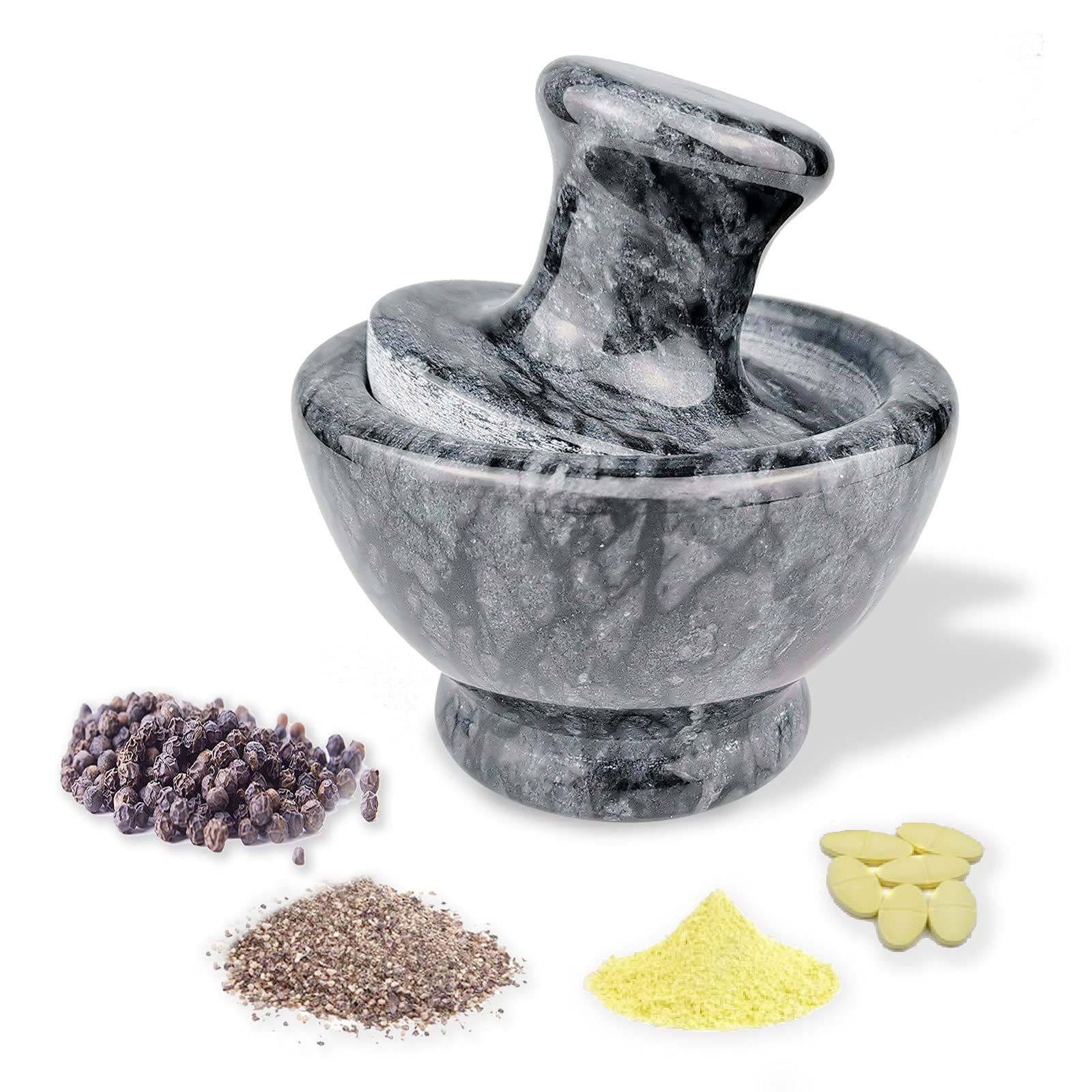 Premium Marble Mortar and Pestle Set - 3.7 Inch Spice Grinder & Pill Crusher (1/2 Cup Capacity) - Efficient Stone Herb Grinder for Kitchen, Pharmacy & Ayurveda - Perfect for Grinding Spices, Herbs, Pills & Making Pastes (Black)