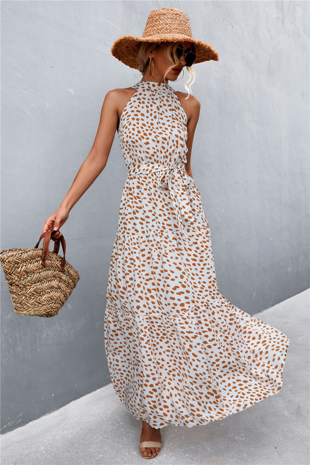 Stylish Printed Sleeveless Tie Waist Maxi Dress for Women - Summer Beach Vacation & Casual Outfit