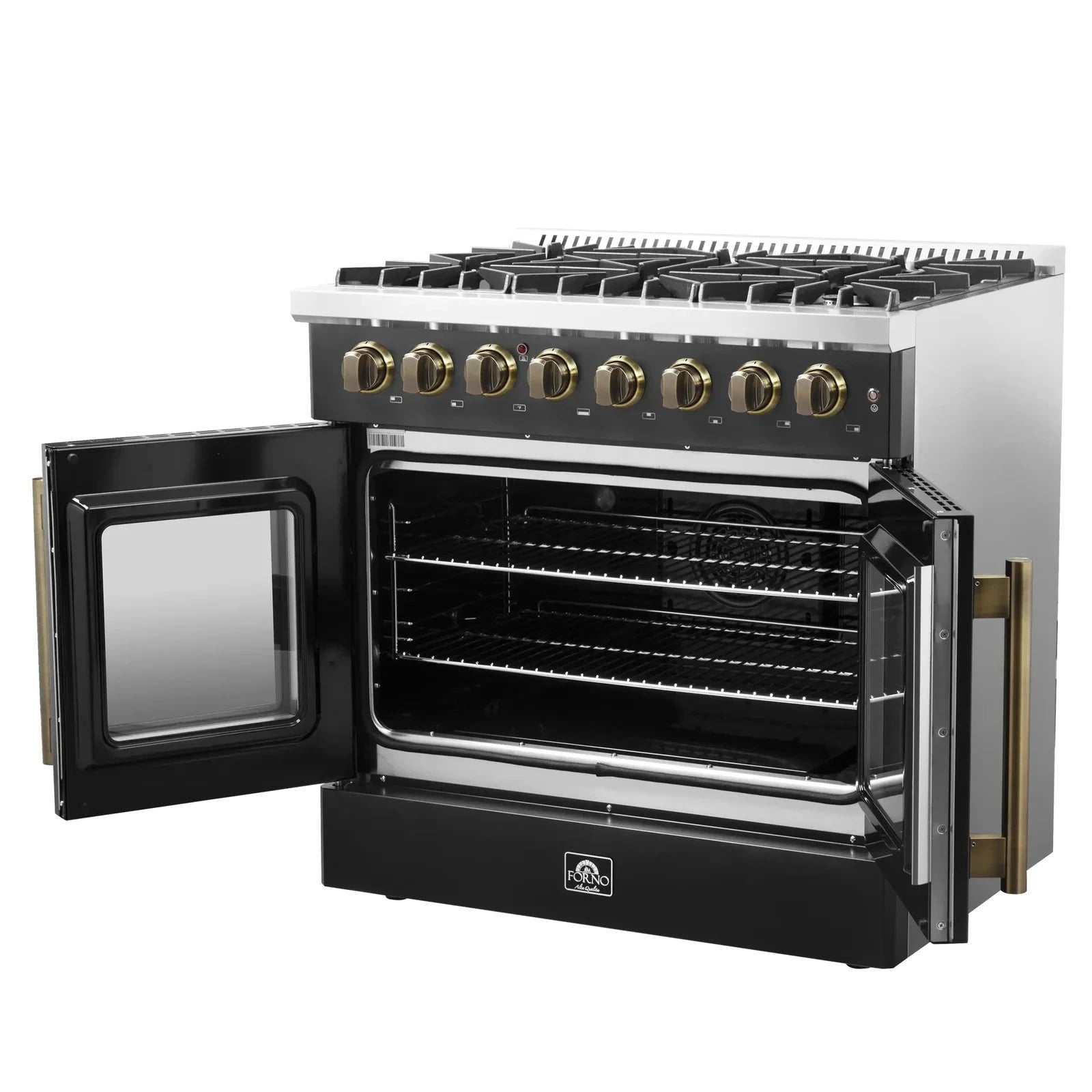 **Forno Galiano 36-Inch French Door Dual Fuel Range - Gas Stove & Electric Oven in Black with Antique Brass Trim (Model FFSGS6356 36BLK) - Perfect for Modern Kitchens & Gourmet Cooking**