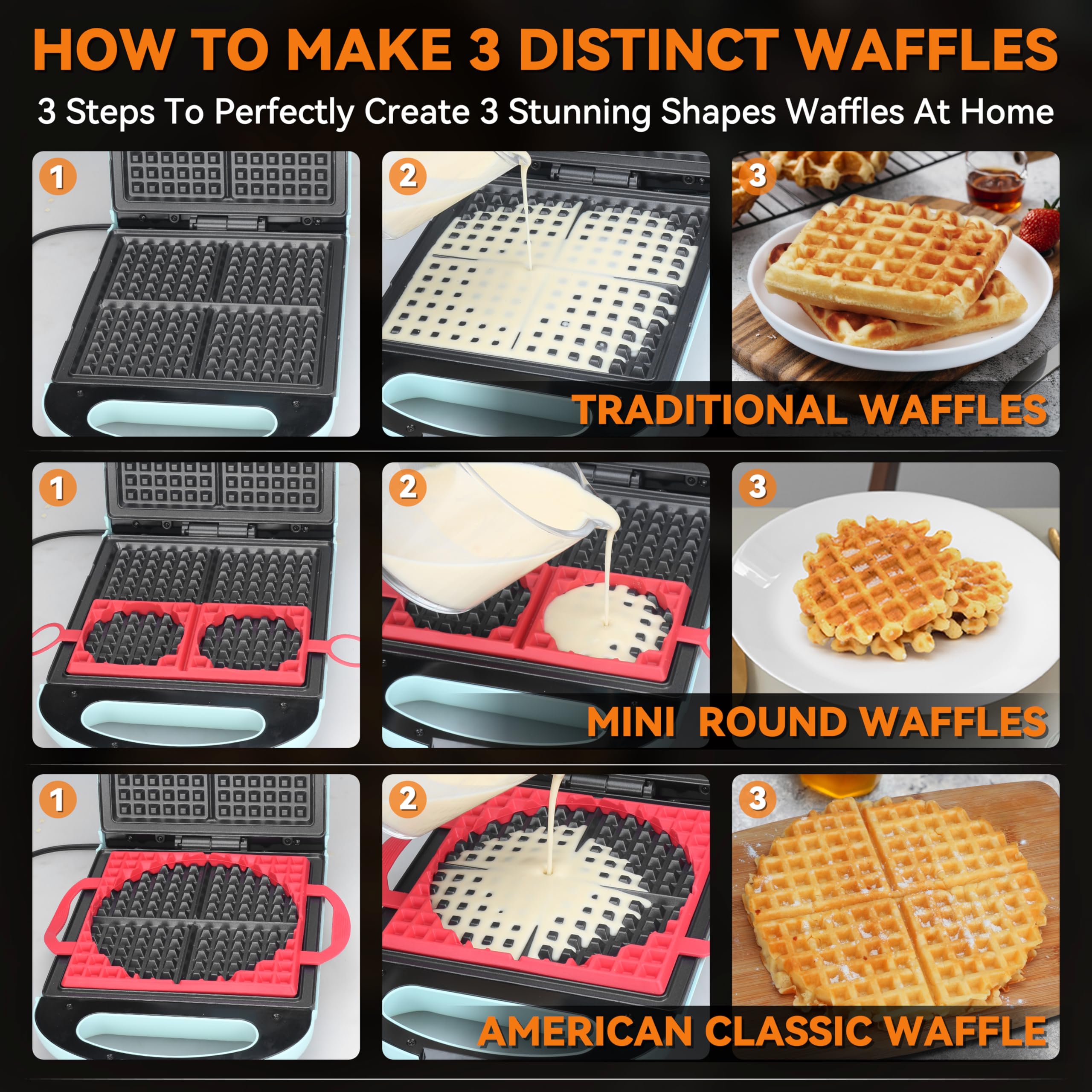 Baker's Friend Multi-Shape Waffle Maker - 4-in-1 Mini, American Classic, Belgian & Chaffle Waffle Iron with 2 Silicone Molds (Aqua) - Perfect for Breakfast, Brunch, Desserts & Keto Diet