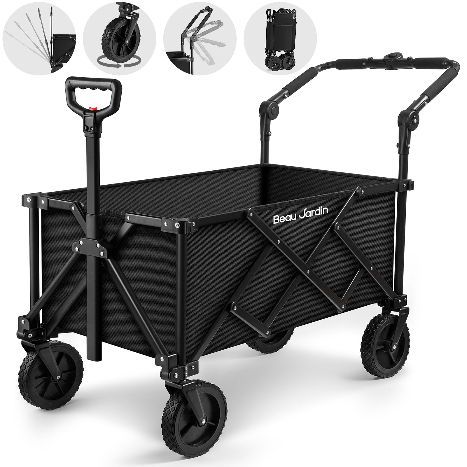 Beau Jardin Heavy Duty Collapsible Folding Wagon Cart - All Terrain Utility Cart for Beach, Camping, Grocery Shopping, Sports & Garden Use - Portable Push Pull Wagon with Durable Black Frame