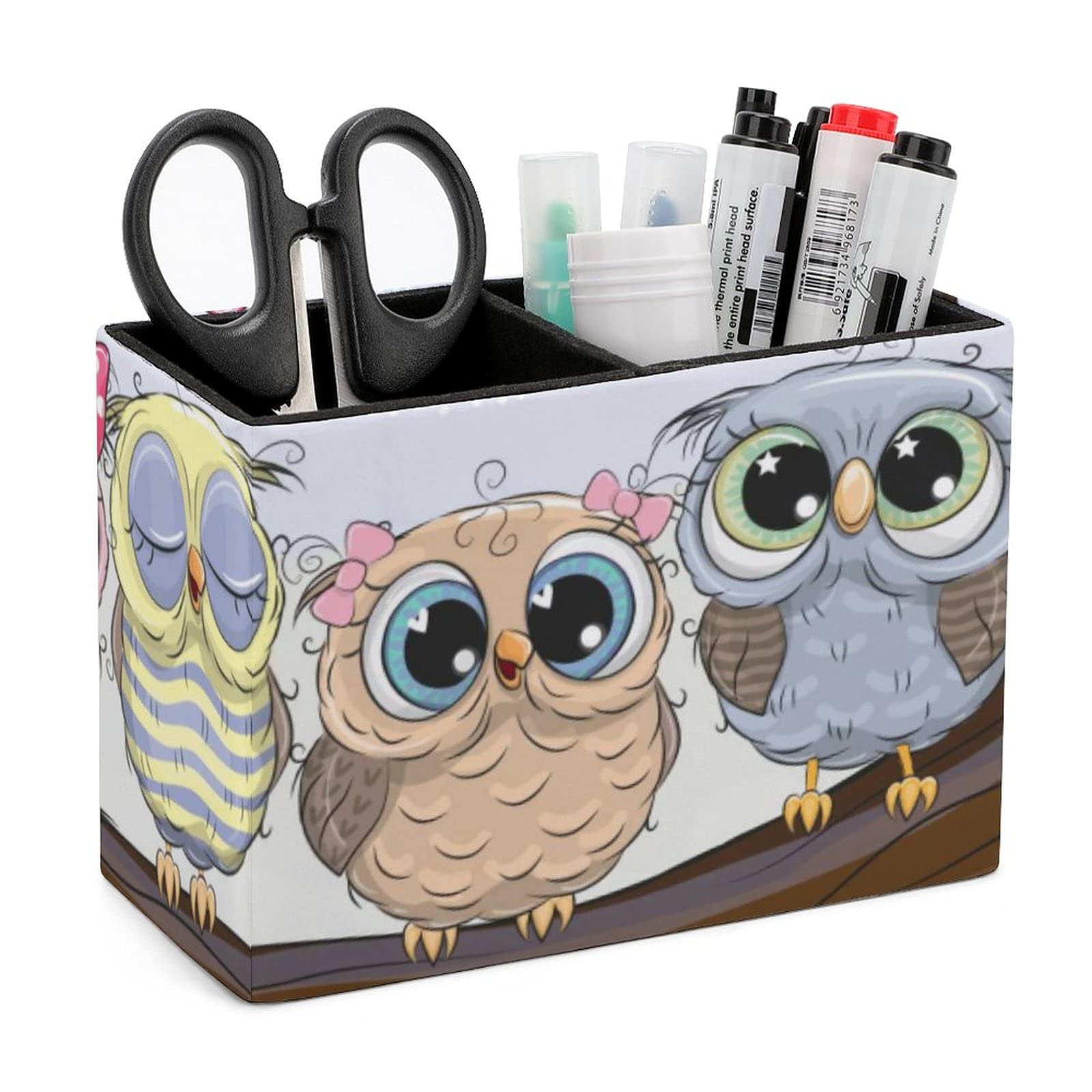 Stylish Leather Pen Holder with 5 Cute Owls on Branch - Desk Organizer for Pens, Brushes & Office Supplies | Perfect for Home, Office & School Workspace Organization