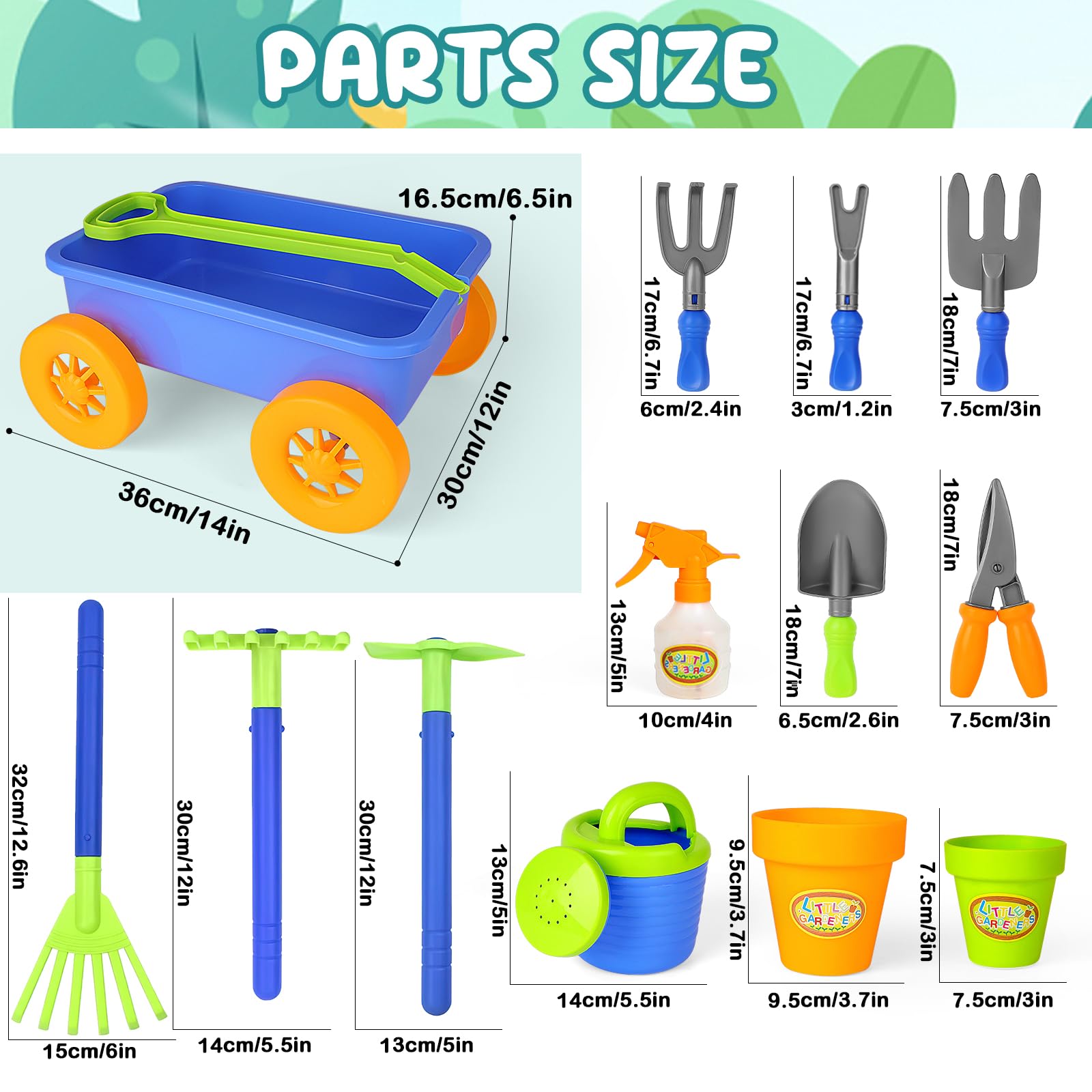 deAO Kids Garden Wagon Wheelbarrow with 10-Piece Gardening Tools & 4 Plant Pots - Outdoor Toddler Toy Set for Pretend Play & Early STEM Learning | Perfect for Backyard Fun, Sandbox Activities & Preschool Gardening Education