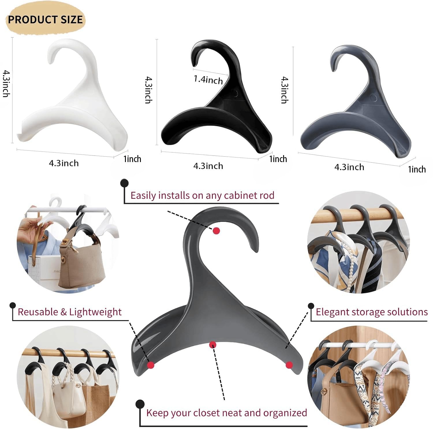 6-Piece Purse Hanger Set - Space Saving Closet Organizer for Handbags, Backpacks & Totes - Durable White Bag Hooks for Home, Office & Travel Storage Solutions