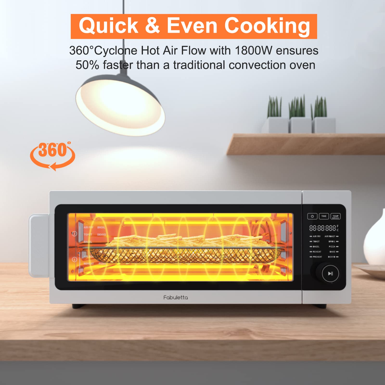**Fabuletta 10-in-1 Air Fryer Toaster Oven Combo - 1800W Countertop Convection Oven with 100-450°F Temperature Control, Flip-Up Design for Space Saving, Enamel Baking Pan & Recipe Book Included - Perfect for Baking, Roasting & Air Frying (White)**