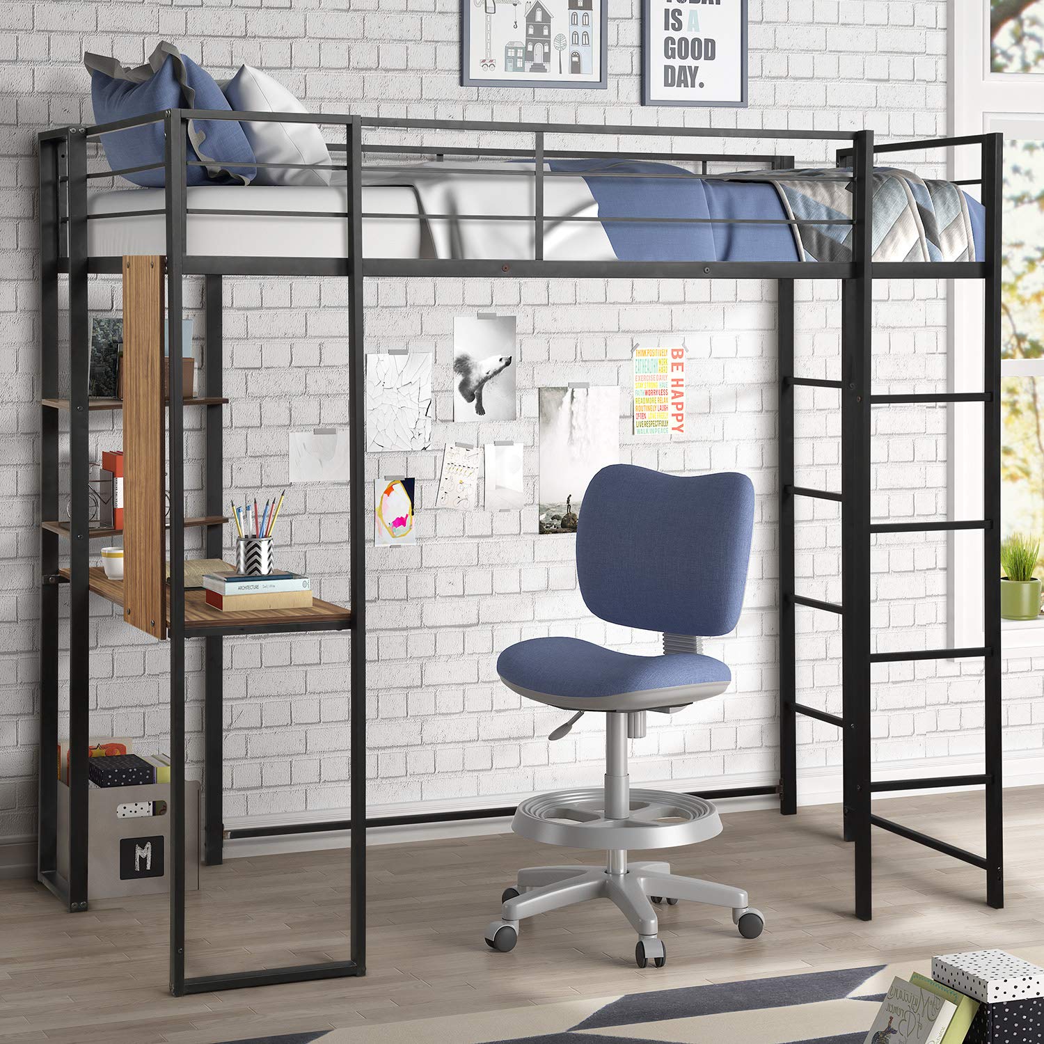 Twin Size Metal Loft Bed with Ladder & Built-in Desk - Sturdy Guardrail, Space-Saving Design, No Box Spring Required (Black) - Perfect for Small Bedrooms, Dorms & Kids Rooms