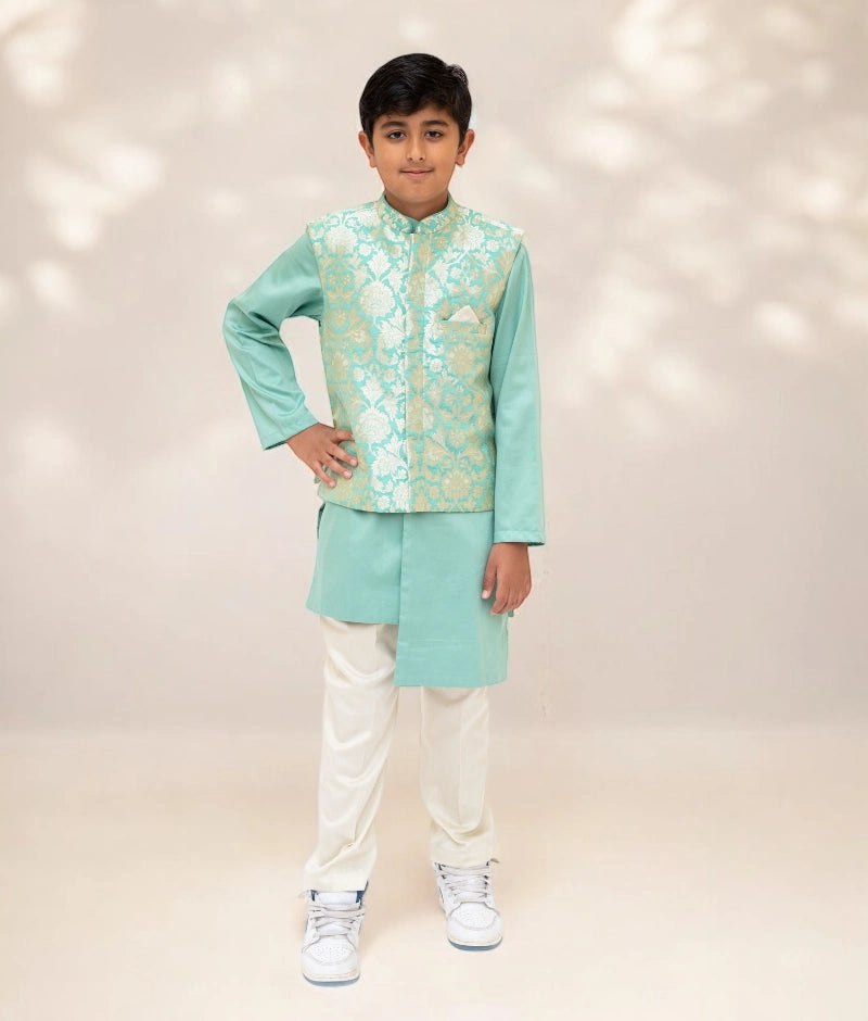 Pre Order: Elegant Green Brocade Jacket with Kurta & Pant Set | Traditional Indian Outfit for Weddings & Festivals