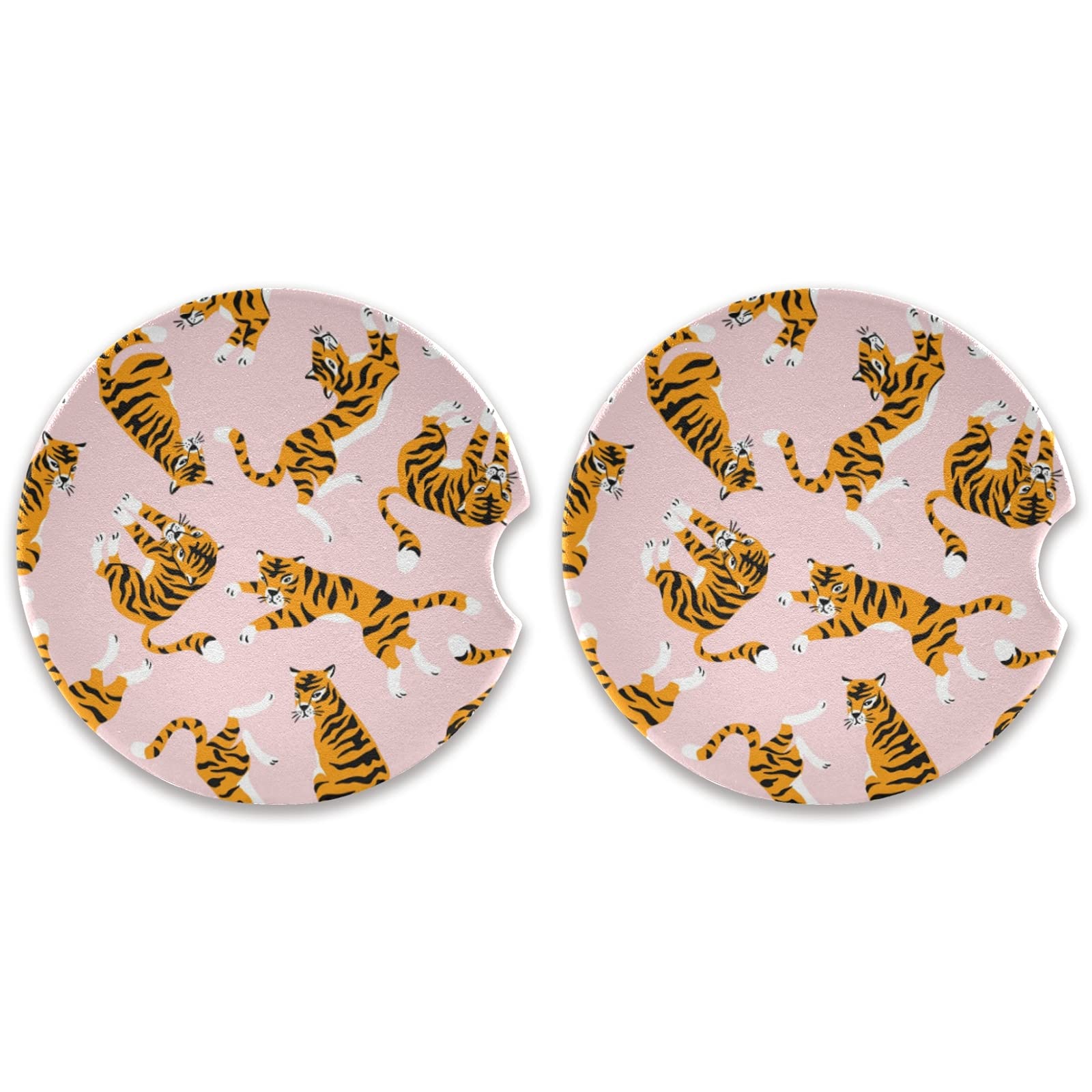 2 Pack Cute Tiger Ceramic Car Coasters for Drinks - Absorbent Cup Holder Mats with Fingertip Grip (2.5 Inch) - Perfect for Cars, Trucks & SUVs to Prevent Spills & Protect Surfaces