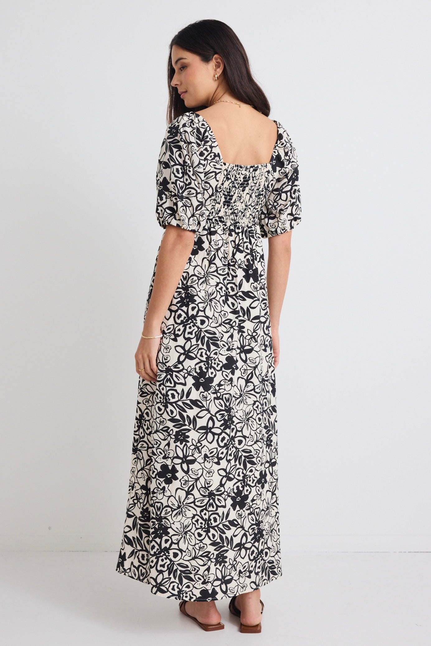 Charming Cream & Black Floral Smocked Bodice Short Sleeve Midi Dress - Perfect for Summer Weddings, Garden Parties & Date Nights