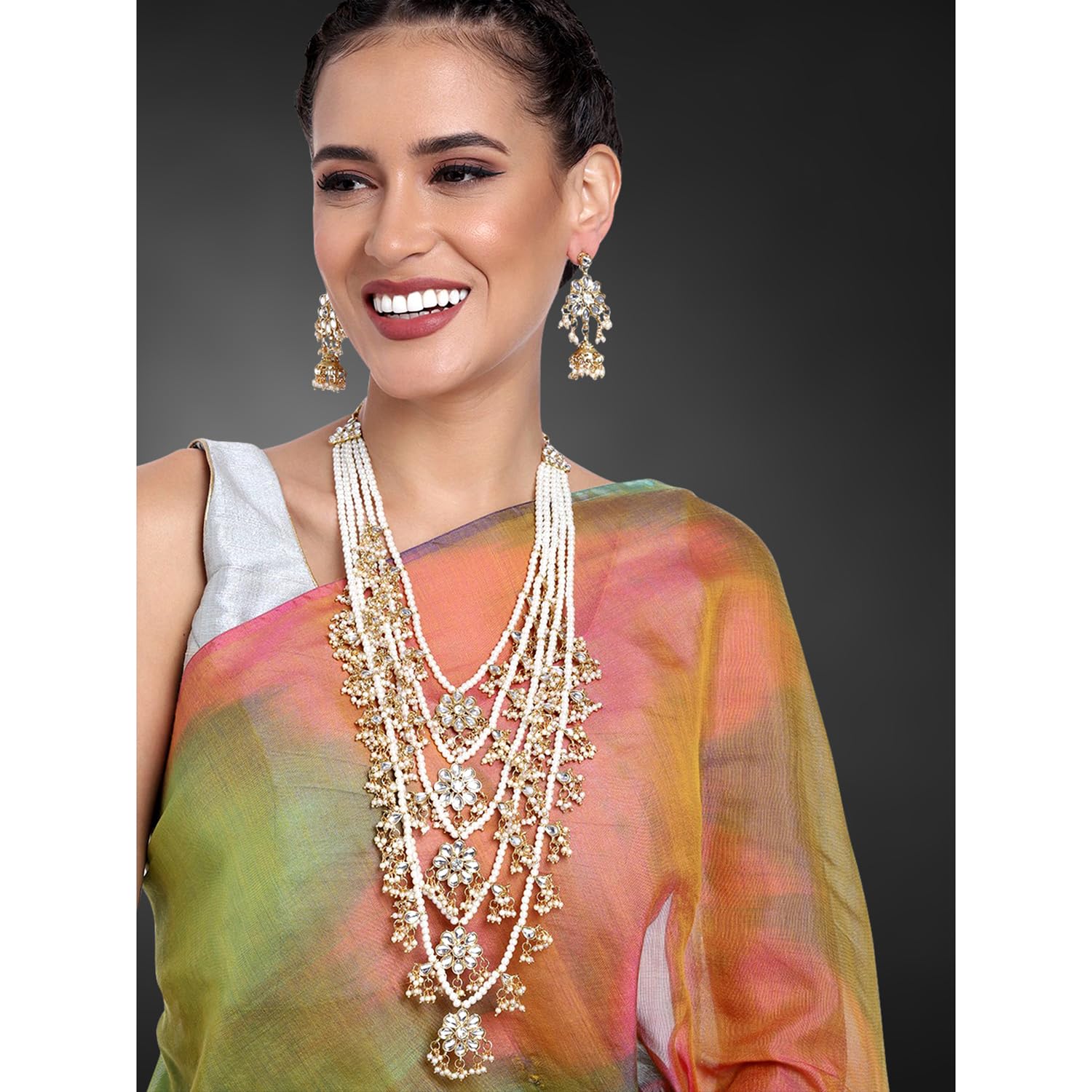 Elegant Aheli Multi-Layered Faux Pearl Beaded Kundan Necklace Set with Dangle Earrings | Indian Bollywood Style Jewelry for Women | Perfect for Weddings, Parties & Ethnic Fashion