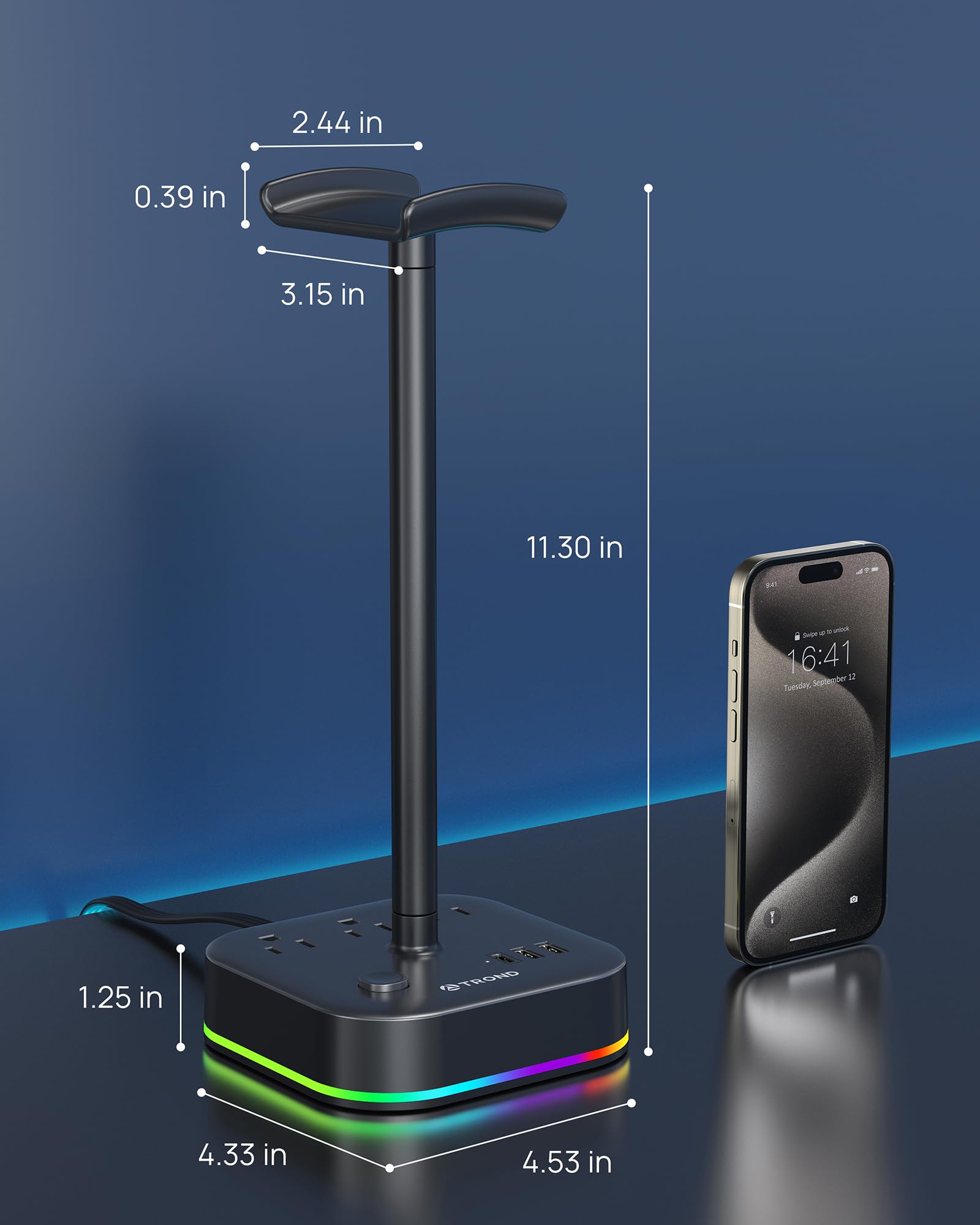 TROND RGB Gaming Headphone Stand with USB C & AC Outlets - 5 Light Modes, 3 Power Outlets, 2 USB A & 1 USB C Ports - Perfect Gaming Desk Accessory & Gamer Gift for PC, PS5, Xbox Setup - Ideal for Streaming, Esports & Home Office Workspace