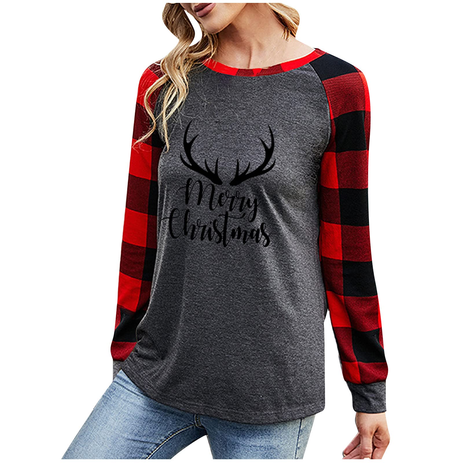 Trendy Women's Fall & Winter Plaid Patchwork Long Sleeve Sweatshirt - Gym, Vacation & Christmas Outfit - Cozy Casual Wear for Workouts, Travel & Holiday Parties