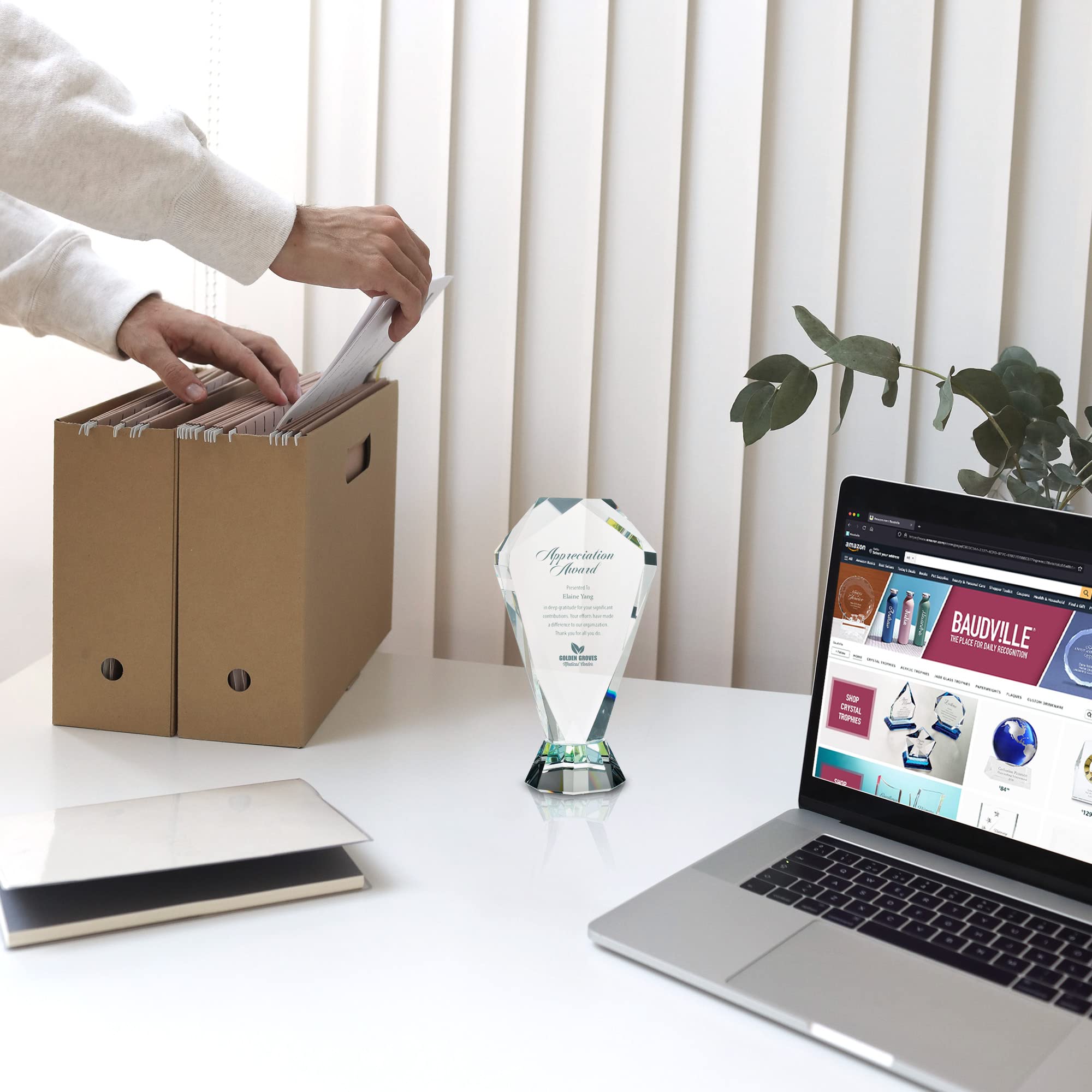 Baudville Custom Engraved Prism Crystal Trophy - Employee Recognition Award with Gift Box - Perfect for Corporate Awards, Milestone Celebrations & Team Appreciation Events