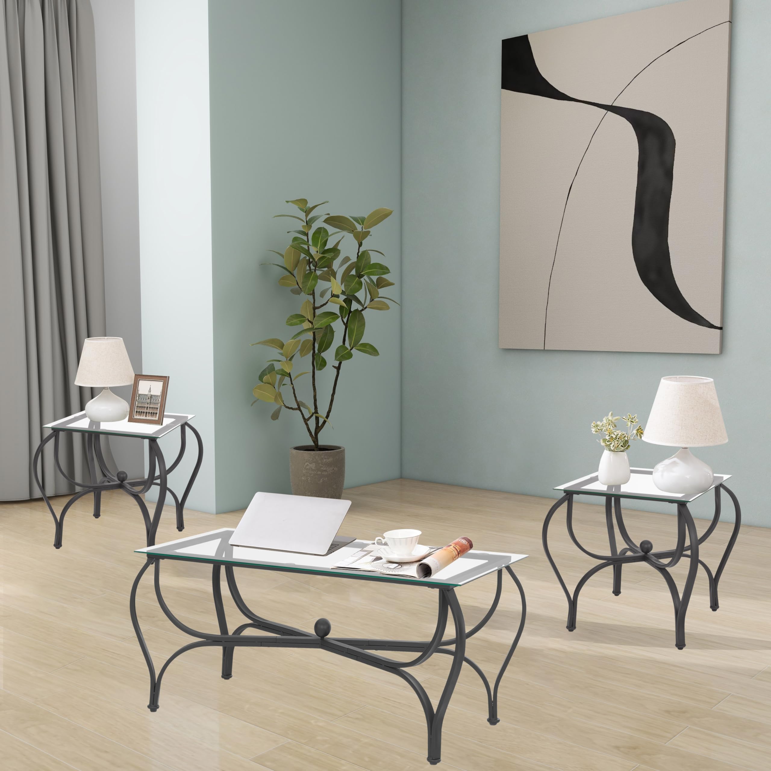 3-Piece Coffee Table Set with Tempered Glass Top & Metal Frame - Modern Living Room Furniture Set Includes Coffee Table & 2 End Tables - Perfect for Home, Office & Lounge Areas