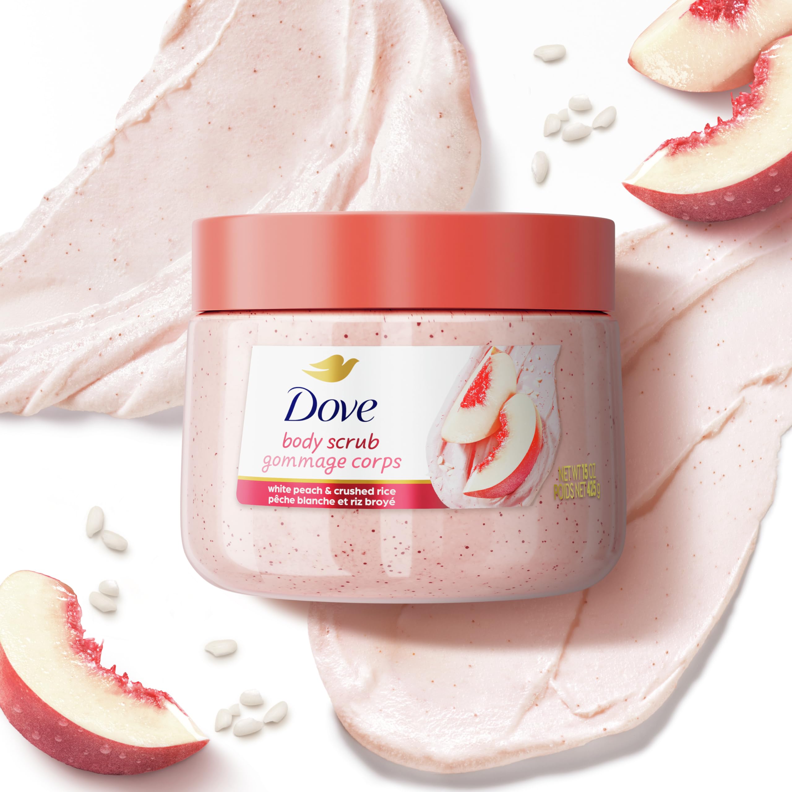 Dove White Peaches & Crushed Rice Body Scrub 15oz - Exfoliating & Nourishing for Smooth, Glowing Skin - Perfect for Shower & Spa Day Self-Care Routine