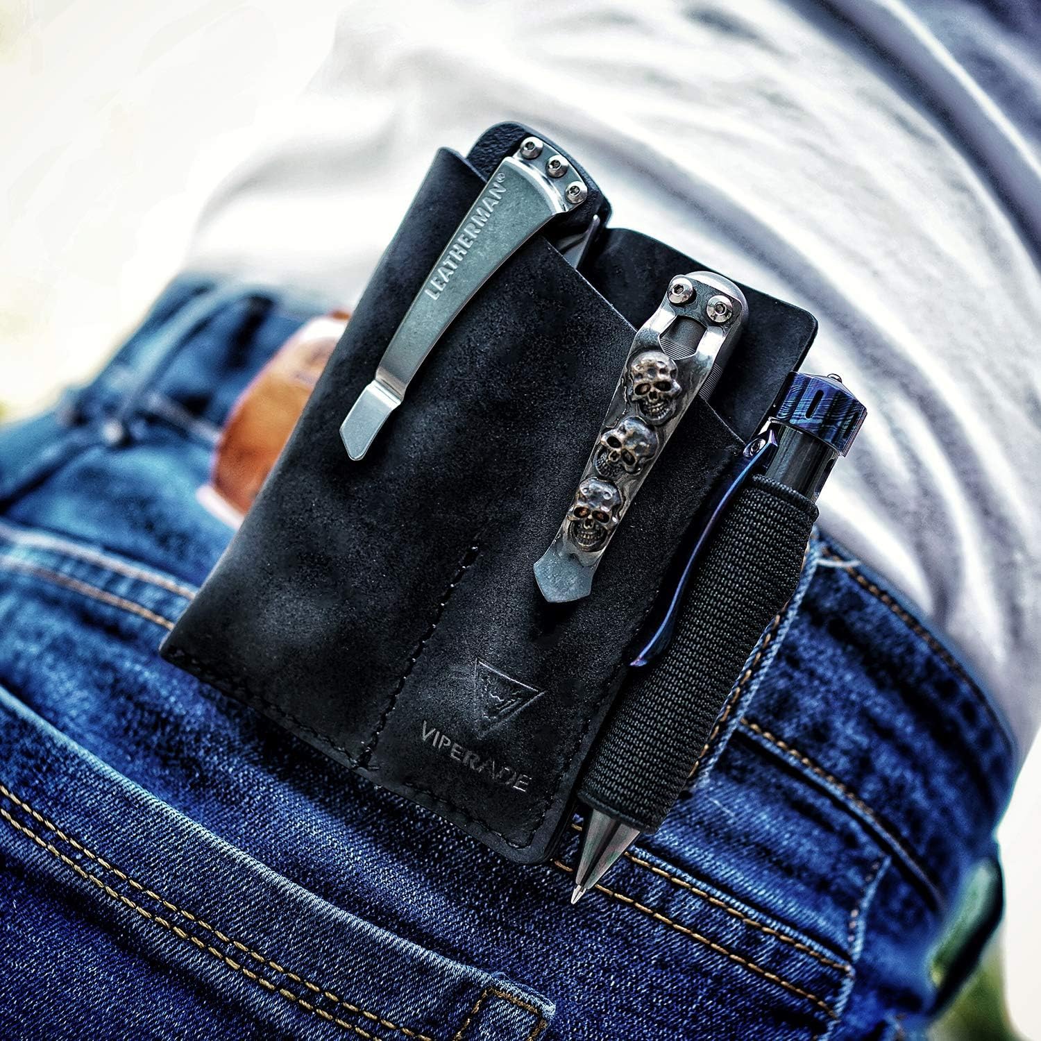 VIPERADE PJ12 Leather EDC Pocket Organizer - Belt Holster for Multitool, Flashlight & Knife with Pen Loop & Clip | Perfect for Outdoor, Camping & Everyday Carry (EDC) Gear Organization