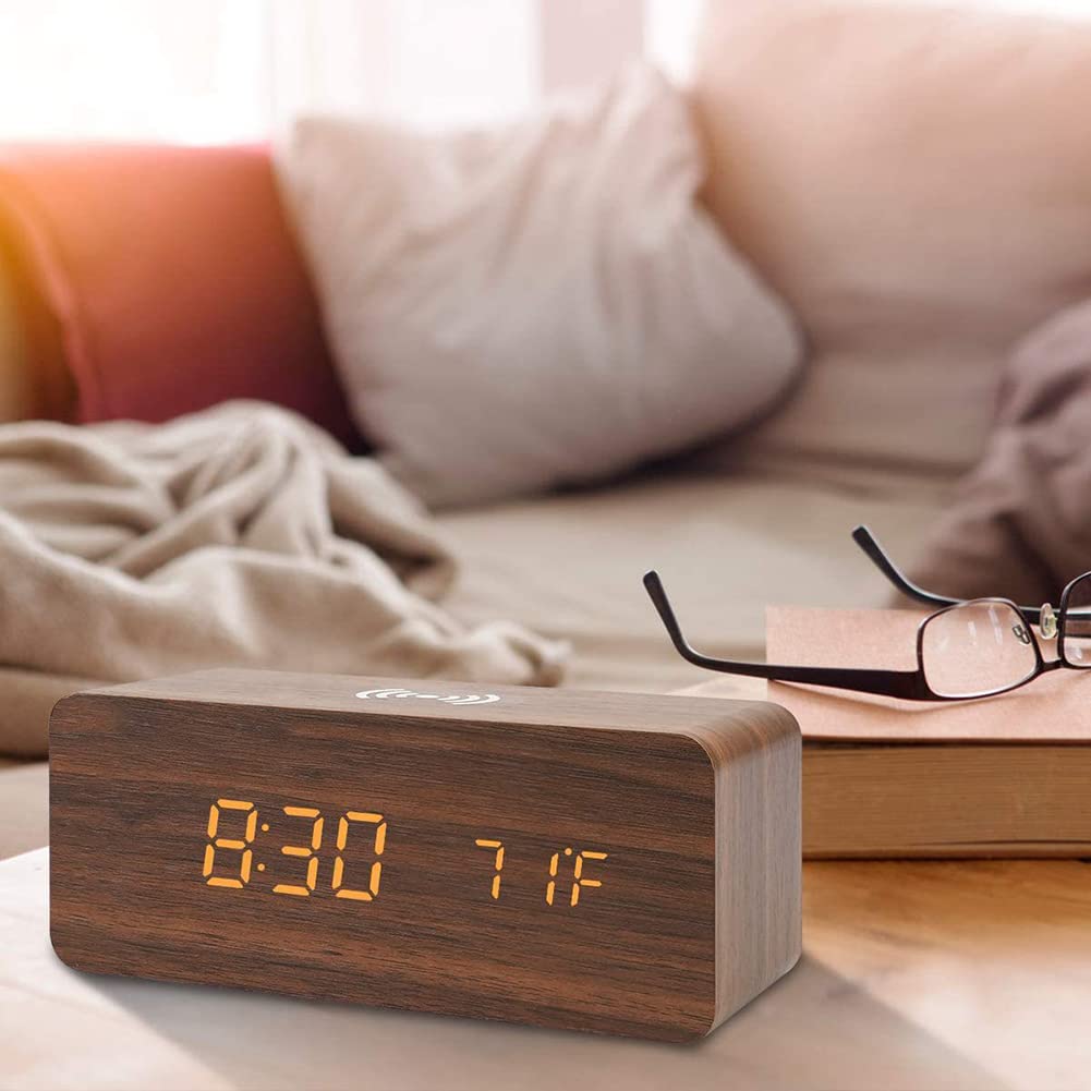 Wireless Charging Alarm Clock with Dimmable LED Display - USB Charger, Dual Alarm, Non-Ticking, Mains Powered - Perfect for Bedroom, Office, and Travel Use