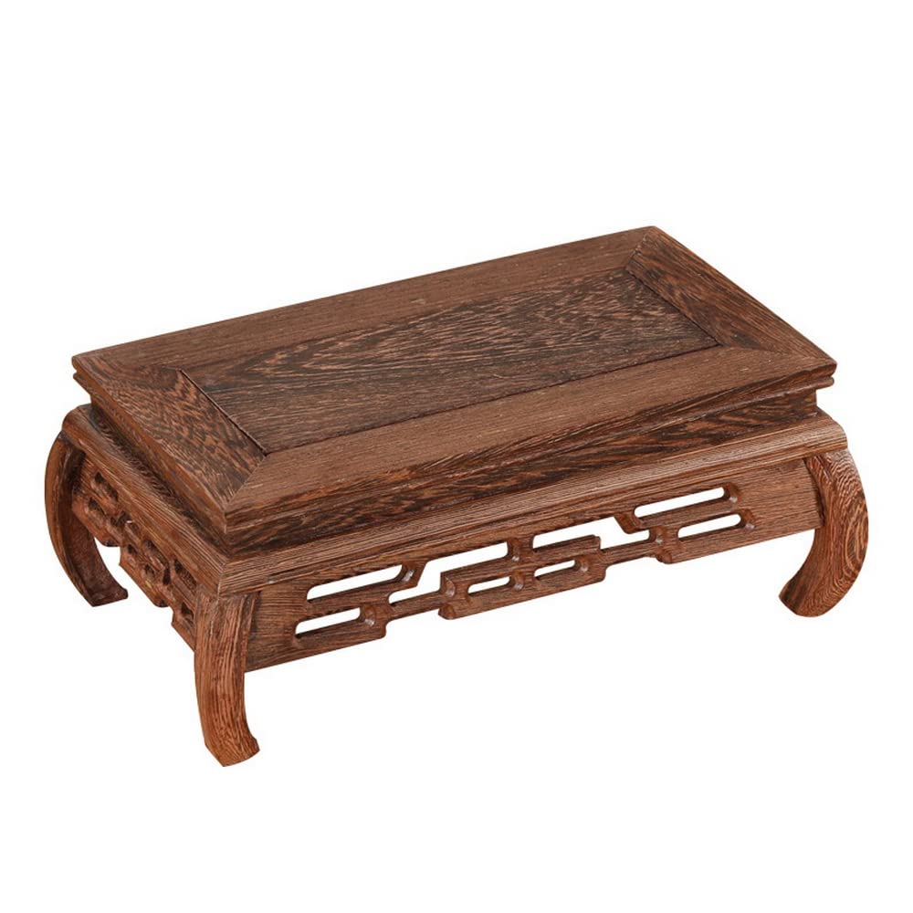 Handcrafted Wooden Rectangular Carved Base Vase & Fishbowl Display Stand - Buddha Statue & Guanyin Pedestal - Antique Home Decor for Living Room, Office & Meditation Space