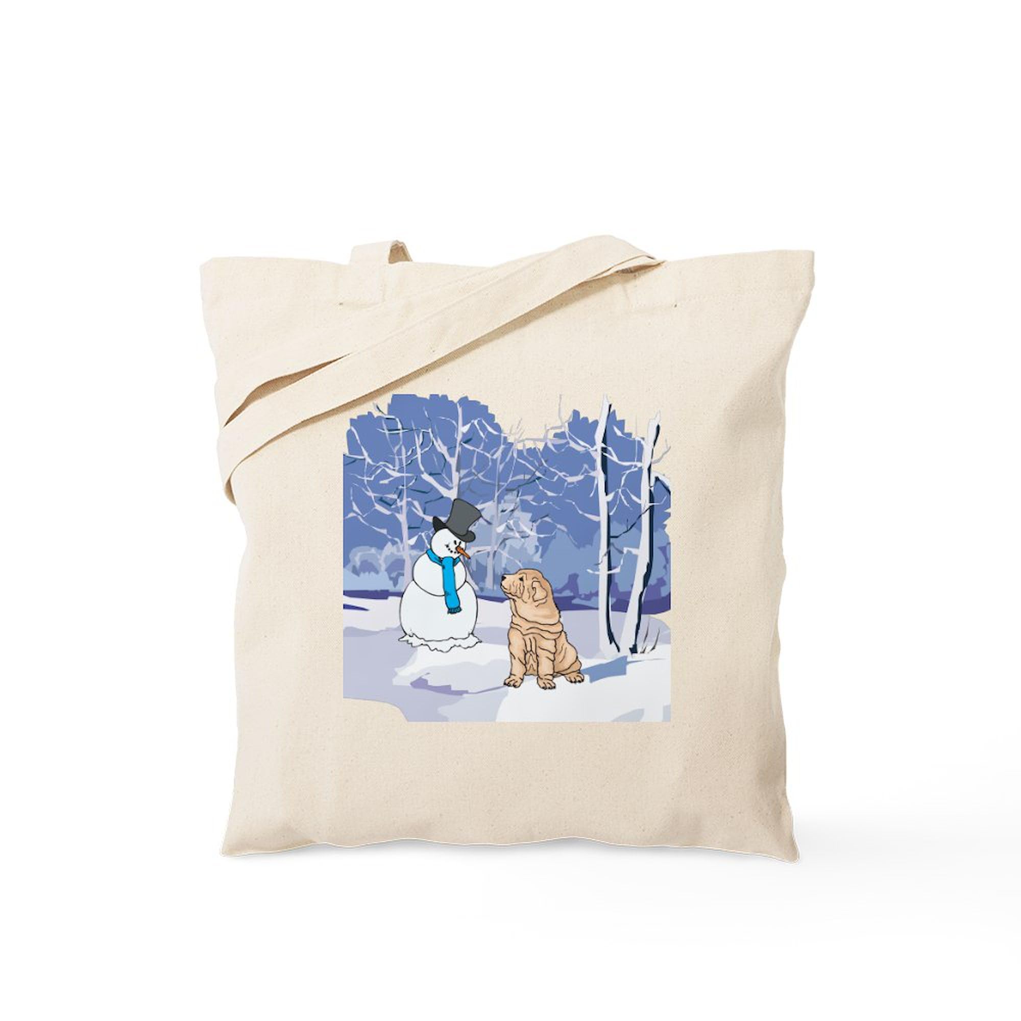 Snowman & Shar Pei Holiday Tote Bag - Natural Canvas Reusable Shopping Bag for Groceries, Beach, Work & Christmas Gifts