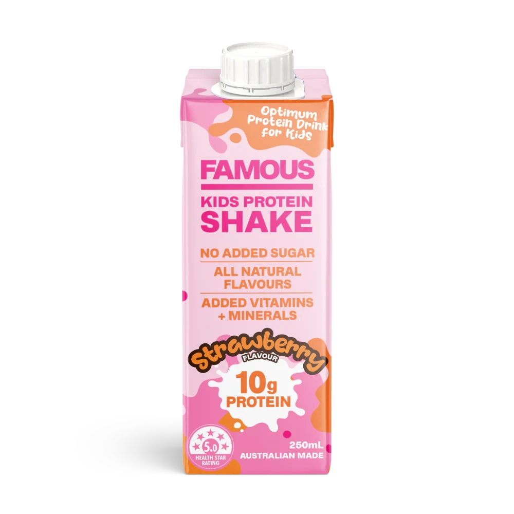 FAMOUS Kids Protein Shake - Strawberry Flavor | High Protein Nutrition for Growing Children | Perfect for School Lunches, Sports Activities & Healthy Snacks