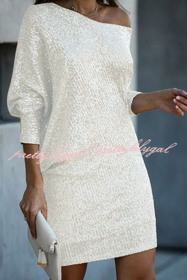 Elegant Solid Sequined Off-Shoulder Loose Mini Dress for Women - Perfect for Parties, Date Nights & Special Occasions