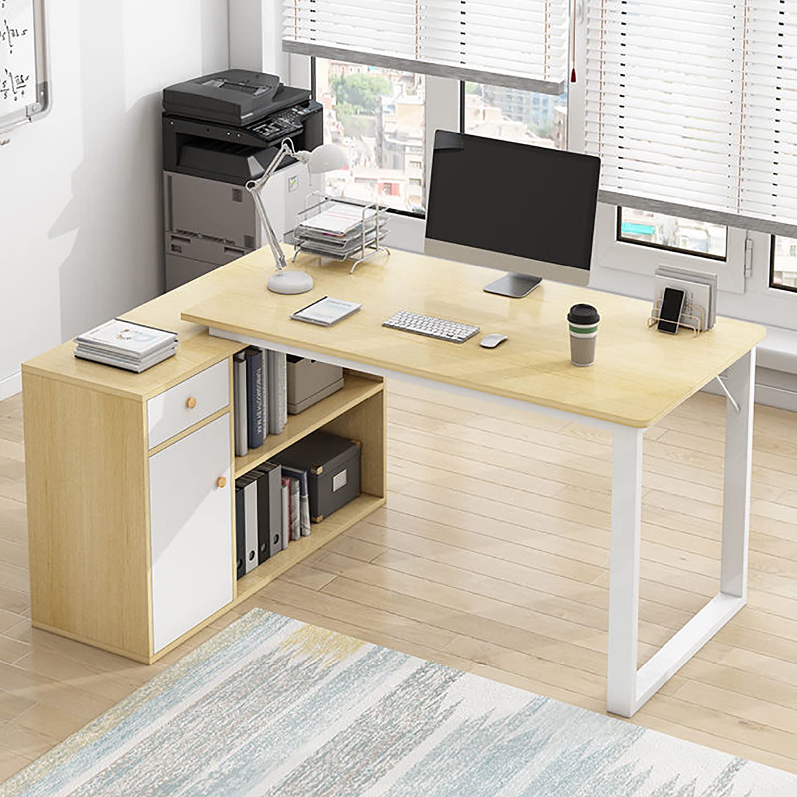 Modern Minimalist Corner Desk - 140B Oak & White Frame Computer Desk for Home Office, Bedroom, Study Room | Space-Saving Writing Desk for Students & Remote Work