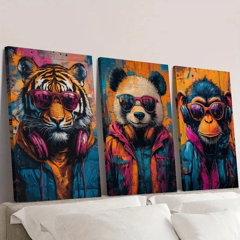 3-Piece Animals Wearing Glasses & Headphones Wall Art Set - 40x60cm Framed Canvas Prints | High Quality Australian Made | Ready to Hang | Perfect for Living Room, Bedroom & Office Decor