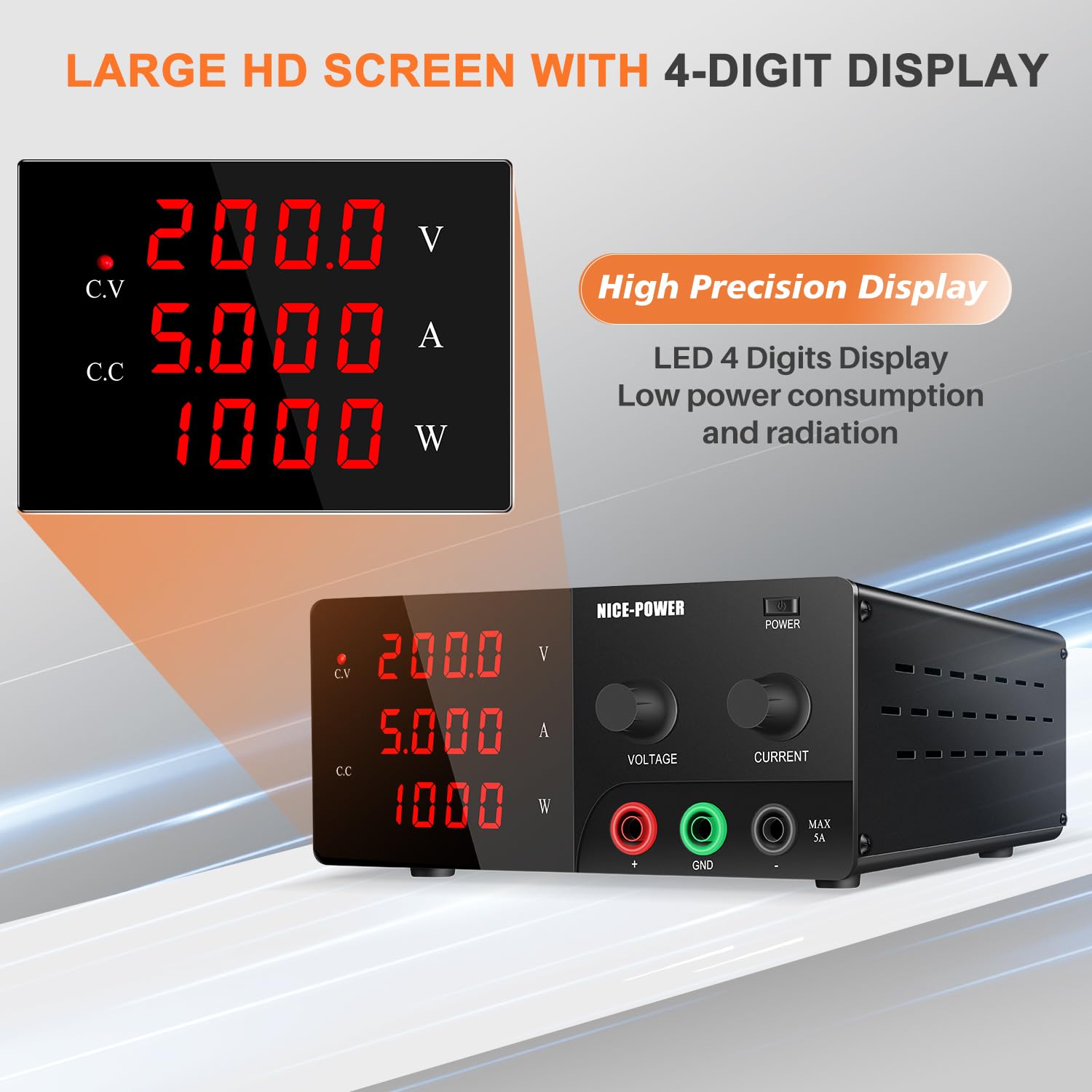 NICE-POWER 1000W Variable DC Power Supply - 200V 5A Adjustable Voltage Regulator with Intelligent Fan for Electronics Lab, DIY Projects & Industrial Testing