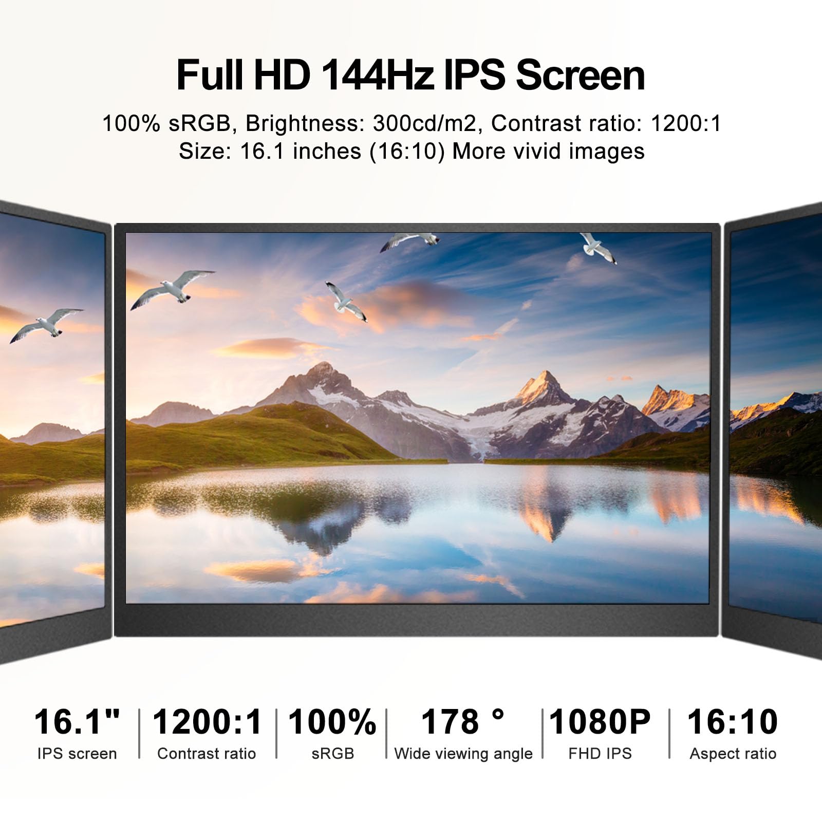 Kyyivwine 16.1 Inch Portable Monitor - 1080P FHD 144Hz IPS Screen, 100% sRGB, 1200:1 Contrast Ratio, Ultra-Thin Design with Built-in Speakers, USB-C & HDMI Connectivity - Compatible with PS5, Xbox, Switch, PC & Mac - Perfect for Gaming, Work & Travel