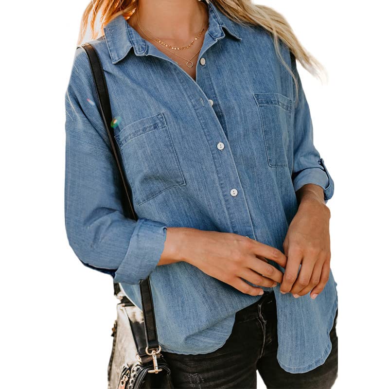 Trendy Women's Denim Shirts - Oversized Button Down Long Sleeve Loose Fit Tunic Tops in Blue | Casual Wear, Layering & Street Style Fashion