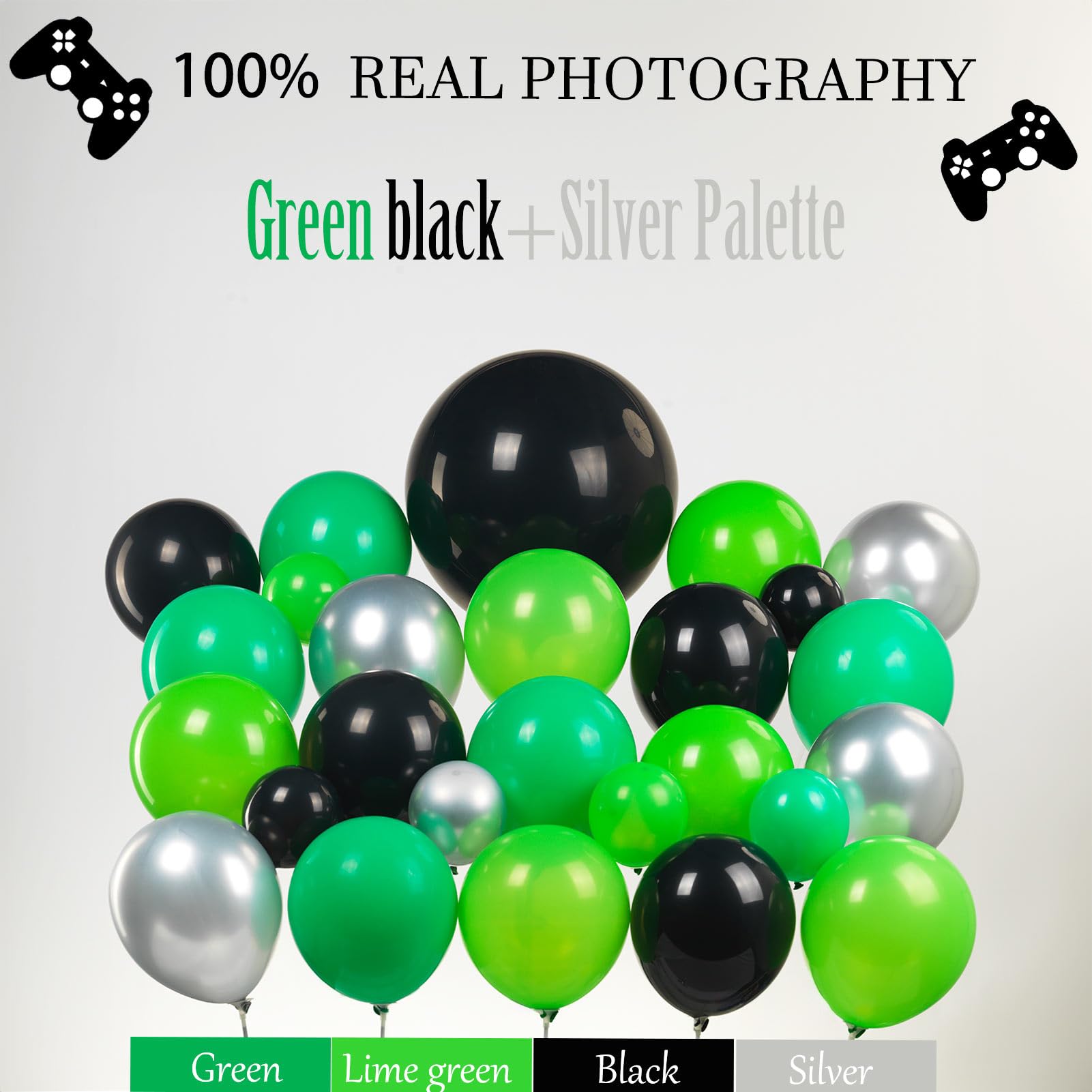 135pcs Green & Black Silver Controller Balloon Garland Kit - Gamer Party Decorations for Boys Birthday, Gaming Night & Video Game Themed Events