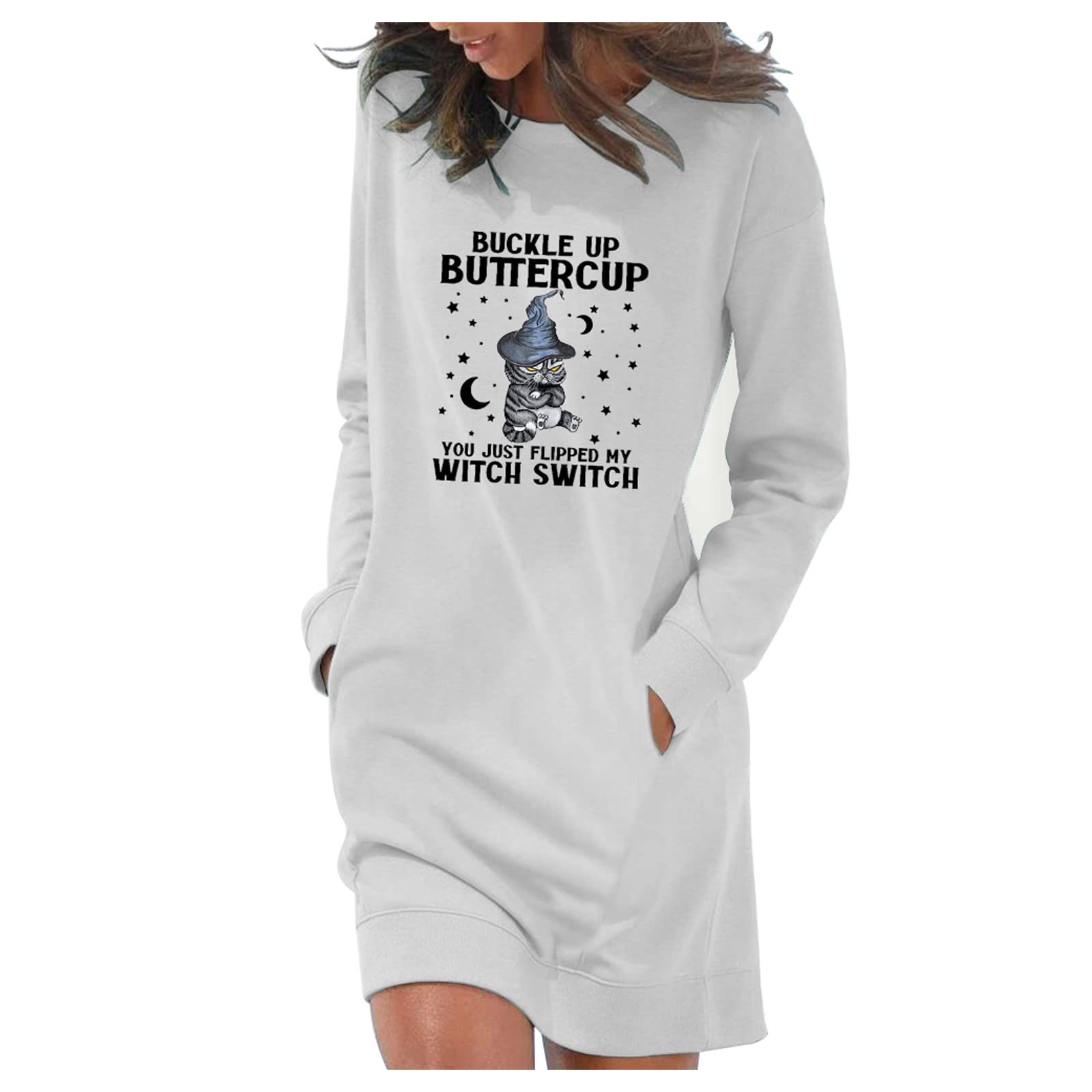 Elegant Women's Fall Wedding Guest Dress with Halloween Funny Print - Long Sleeve Round Neck Pocket Dress for Casual Occasions | Perfect for Autumn Weddings, Halloween Parties & Office Wear