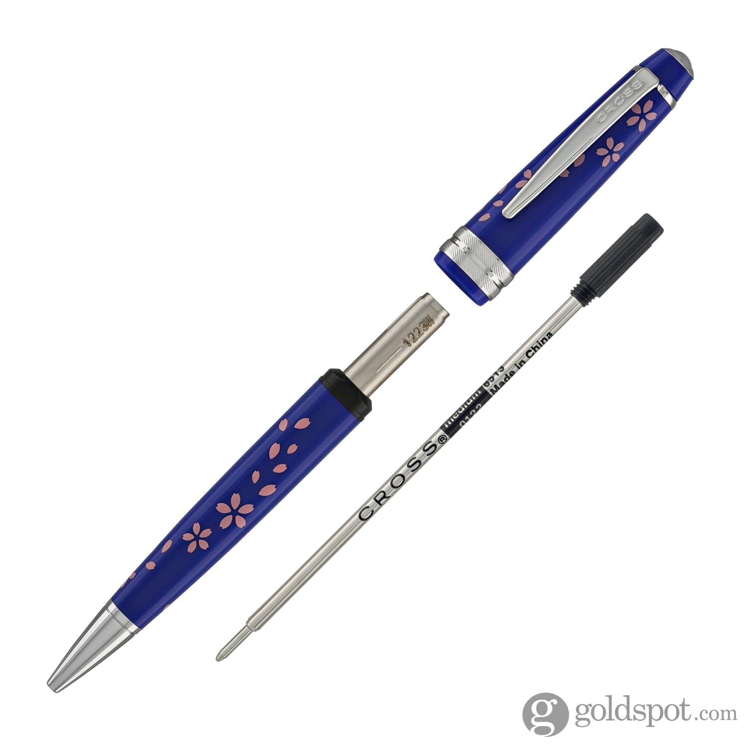 Premium Cross Bailey Light Cherry Blossom Ballpoint Pen - Glossy Blue Resin with Polished Chrome Trim - Perfect for Office, School & Gift Giving