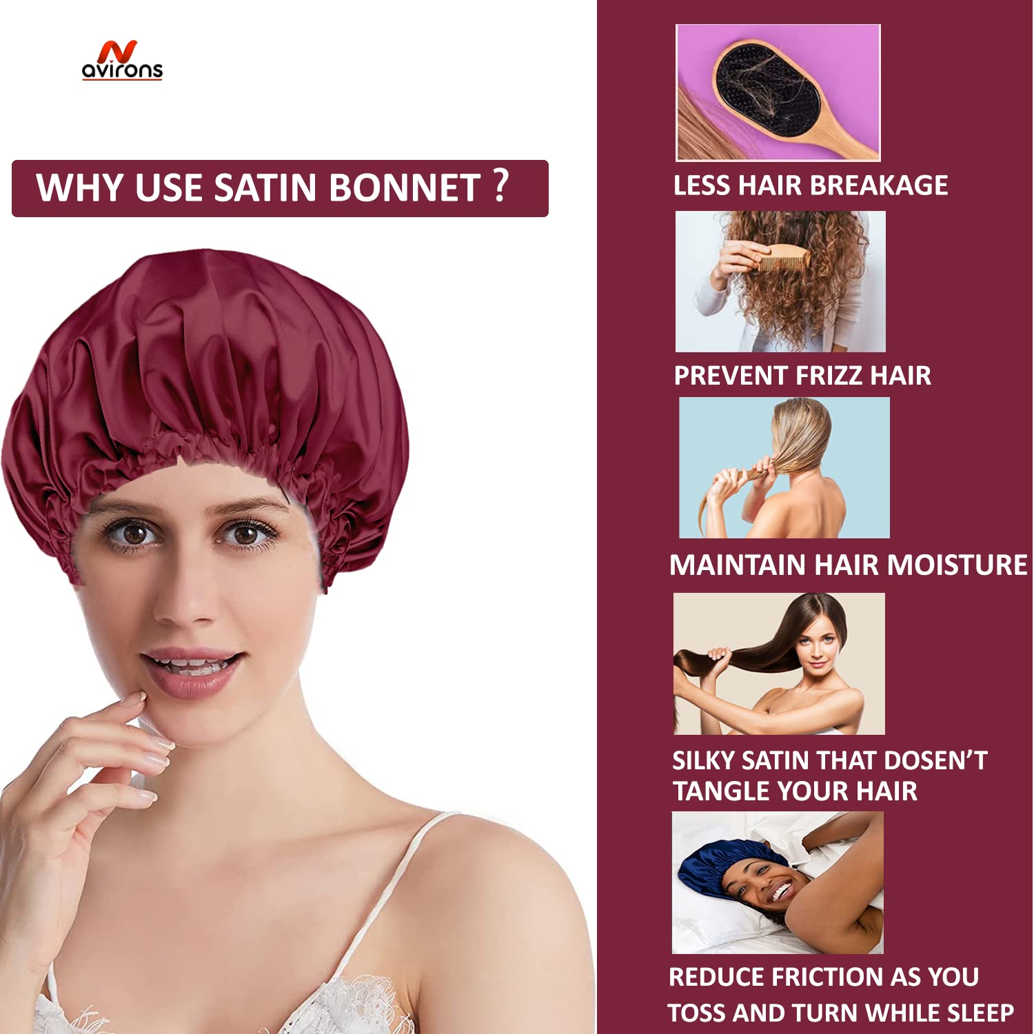 Avirons Silk & Satin Hair Bonnet with Eye Mask for Sleeping - Double Layer Reversible Sleeping Cap for Women - Perfect for Curly, Natural, and Afro Hair Care at Night