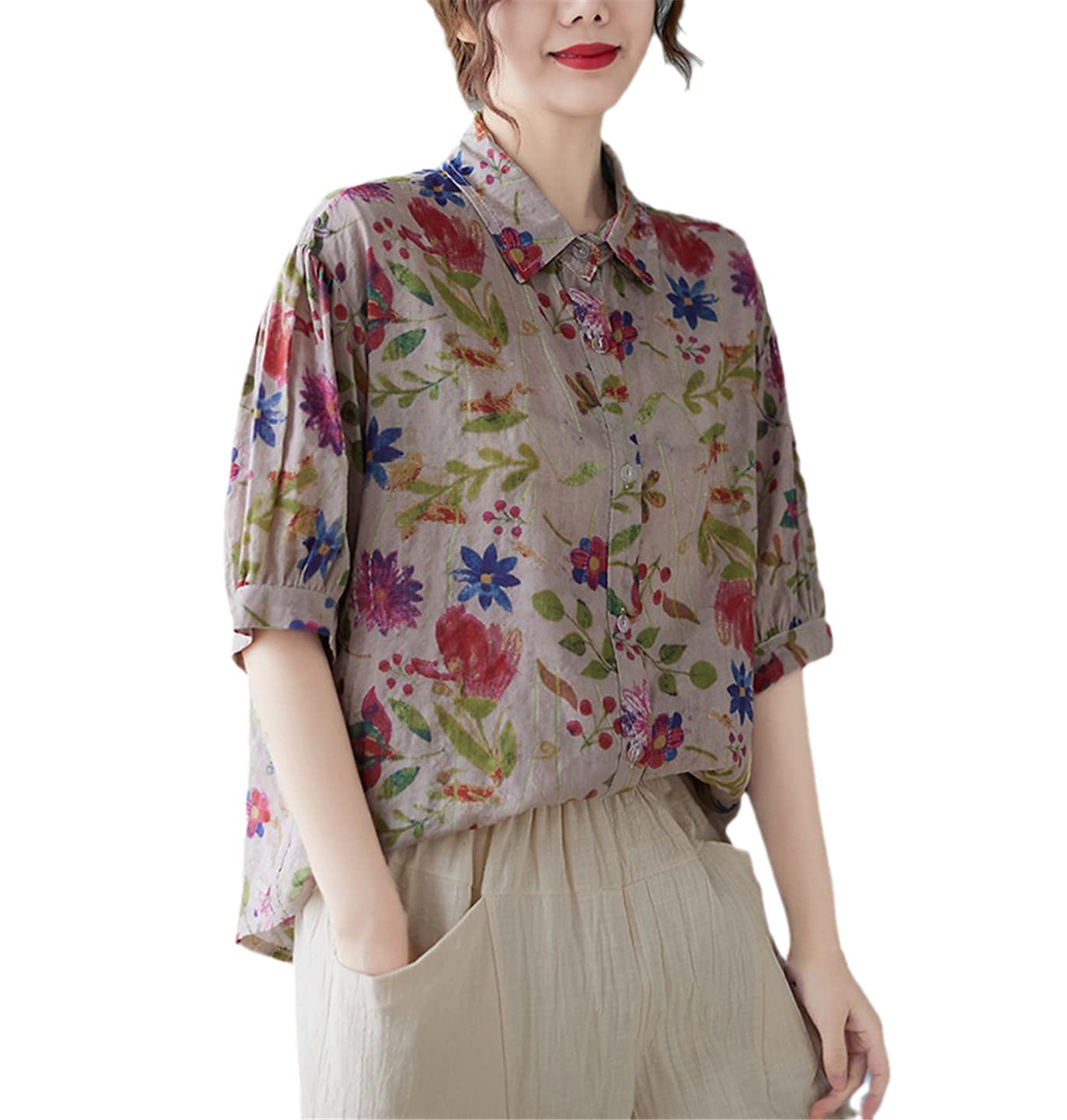 Women's Vintage Floral Print Summer Casual Shirt - Loose Fit Cotton Linen Half Sleeve Top for Women | Perfect for Beach Outings, Picnics & Summer Vacations